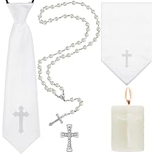5 Pieces First Holy Communion Accessories Communion Set Including 1 Tie 1 Folded Handkerchief Embroidered with the Cross 1 Cross Pin 1 Pearl Rosary 1 Cross Candle for Baptism