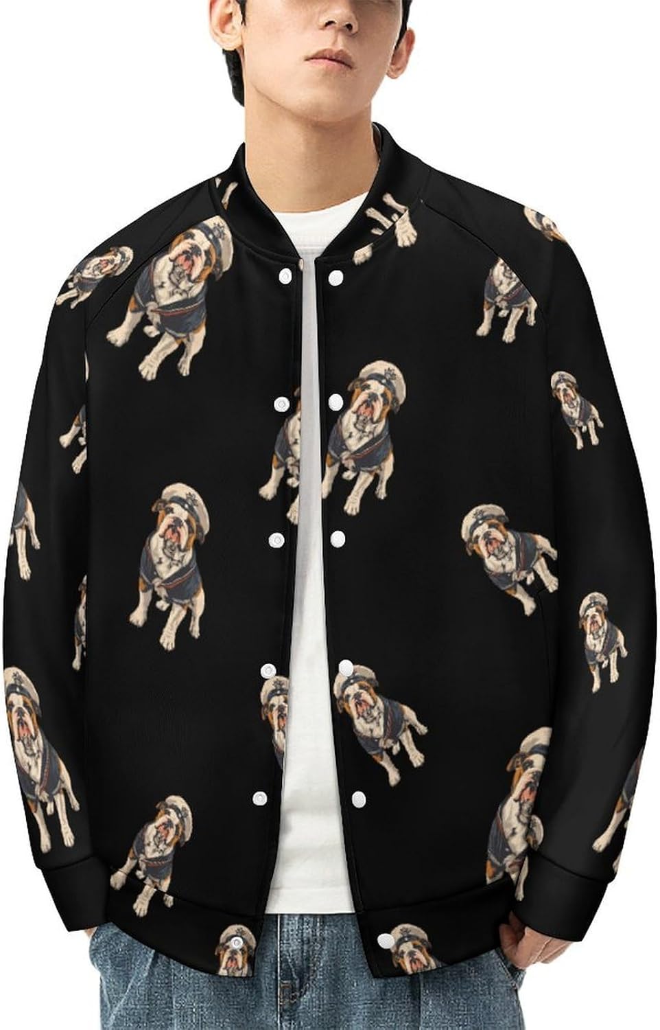 Bull Dog Sailor Novelty Men's Baseball Jackets Causal Sweatshirt Button Top Long Sleeve Coat