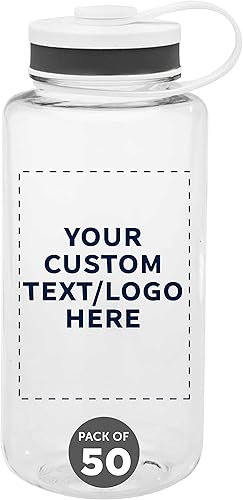DISCOUNT PROMOS Botellas de agua deportivas de plástico personalizadas con tapa abatible de 38 onzas, juego de 50, paquete personalizado a granel,
