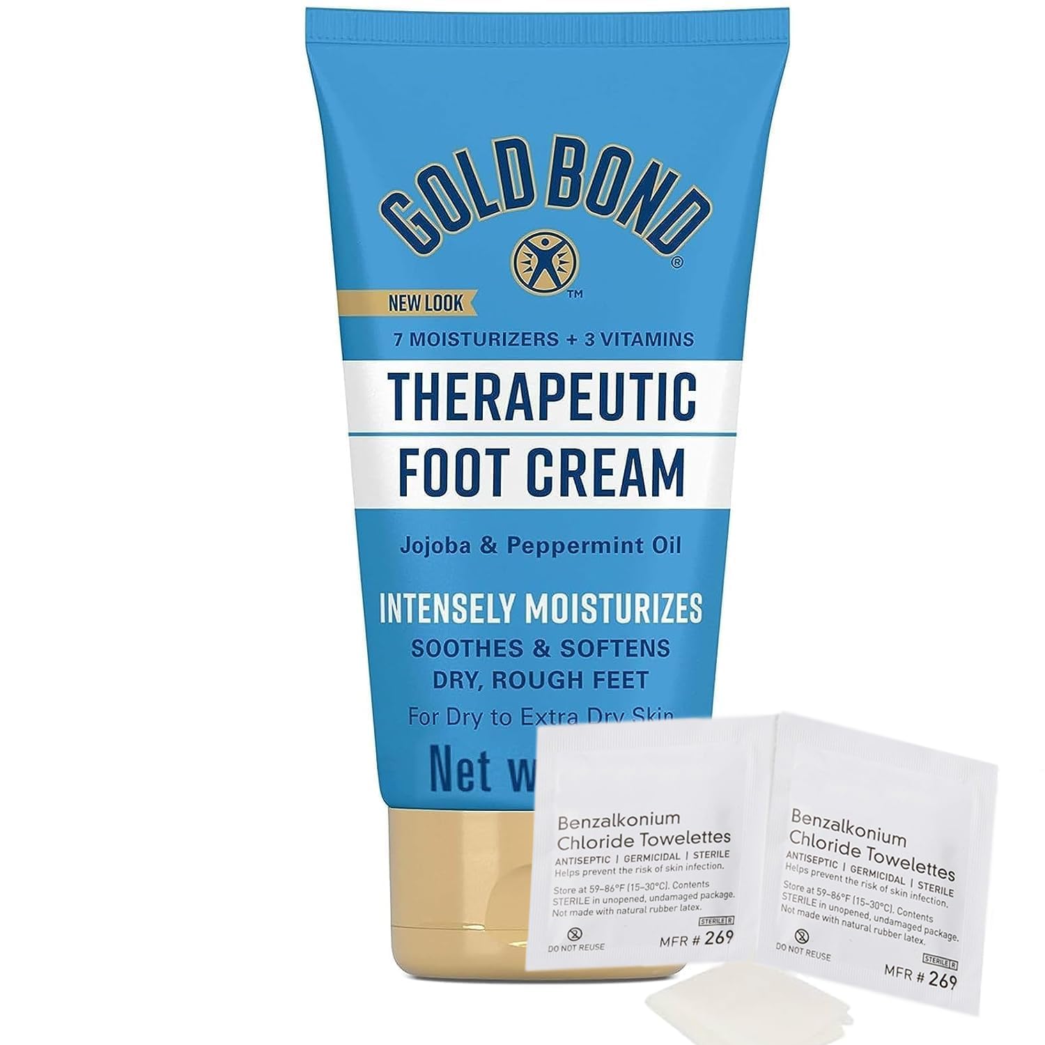 RadianceAura Foot Cream Bundle: BZK Antiseptic Towelettes + Gold Bond Peppermint Cream for Dry Cracked Feet, 4oz Triple Action Relief