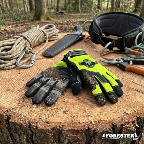 FORESTER Hi-Vis Rope Climbing Gloves | Anti-Slip Arborist Rope Gloves for Tree Climbing, Chainsaw Safety, Rescue Work | Cut Level 4 Protection - Medium