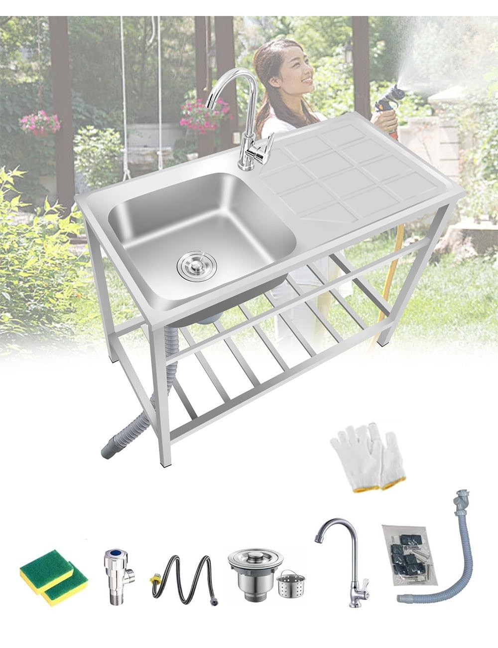 Fregadero Exterior Jardin Fregadero De Acero Inoxidable 304 Independiente con Grifos Kit De Desagüe Fregadero De Cocina Comercial 1 Seno Fregadero Simple Al Aire Libre con Soporte Fácil De Limpiar