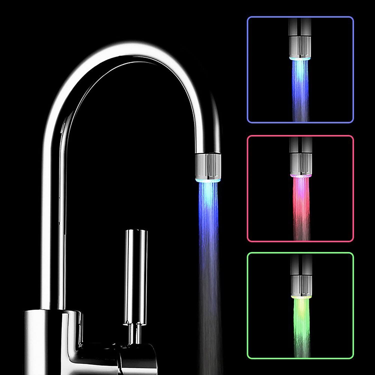 3Pcs 3-Color Temperature Sensitive Gradient LED Water Faucet Light Water Stream Color Gradually Changing Faucet Tap Sink Faucet for Kitchen and Bathroom