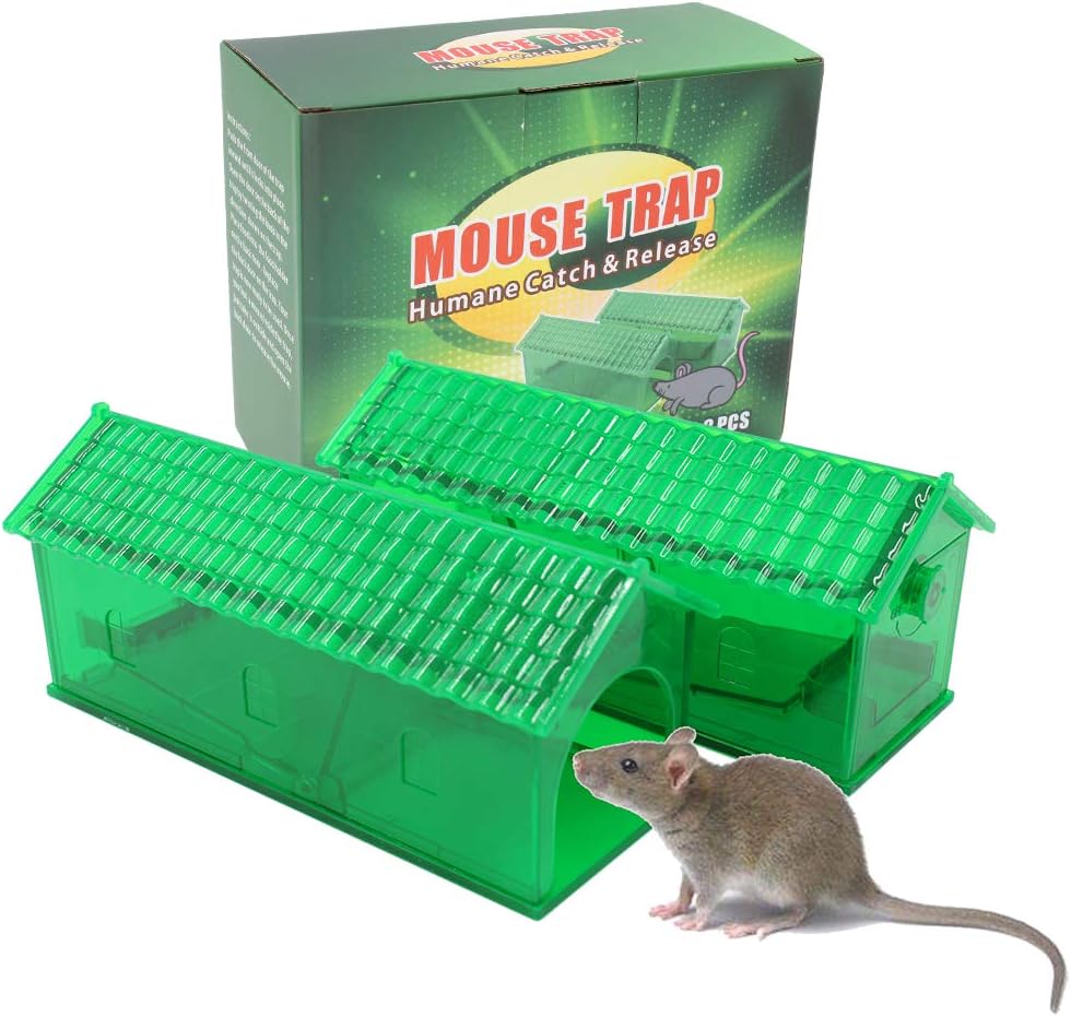 FidSpi Humane Smart Mouse Trap That Work No Kill Capture Mousetrap Cage Mice Catcher Live Catch and Release Rodents Animals for Indoor or Outdoor, Safe Around Children & Pets (Green 2 Pack)
