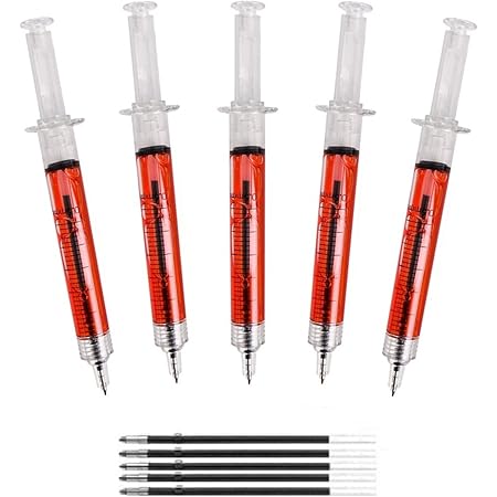 5 Double Value Novelty Blood Syringe Pens with Extra Refills. Double Value, Double Life. Great Stocking Stuffer, Med Student, Nurse, Birthday Gift, Vet, Doctor, School Supplies.
