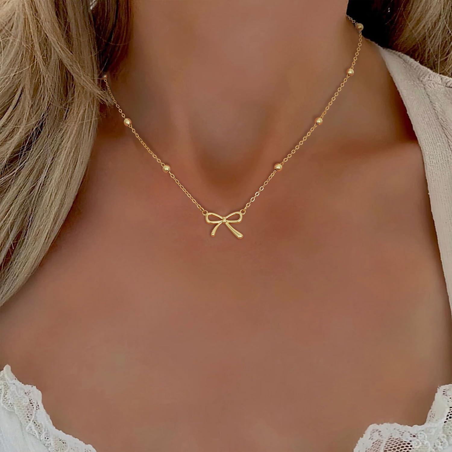 Valentines Day Gifts for Her - Dainty Bow Necklace for Women 14K Gold Plated Cute Choker Small Pendant Charm Necklaces Teen Gift Trendy Stuff Personalized Jewelry - Image 3