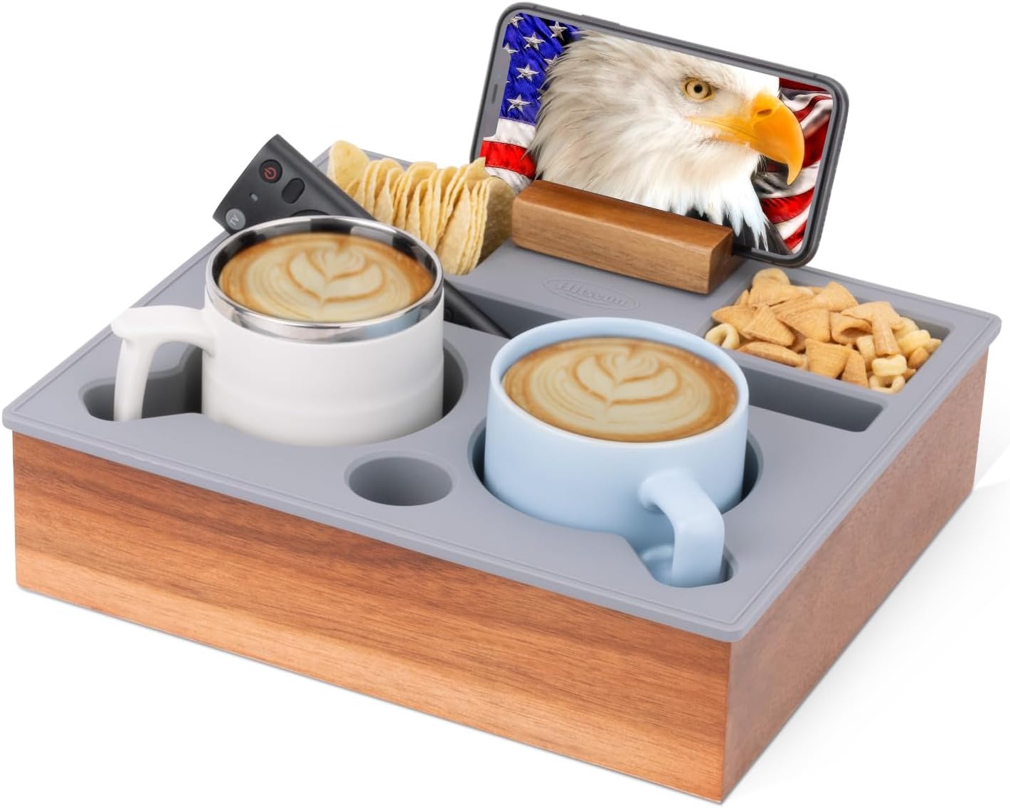 Couch Cup Holder Tray, Portable Silicone Acacia Wooden Double Cup Holder for Couch, TV Tray with 360°Rotating Phone & Pad Holder, Anti-Spill TV Tray for Living Room Car Grey Gray