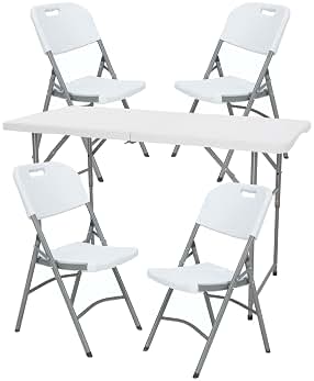 Mesa Plegable de Altura Regulable 122x60x50-74cm, y Set de 4 Sillas Plegables 51x45x85,5cm, Ideal para Exteriores