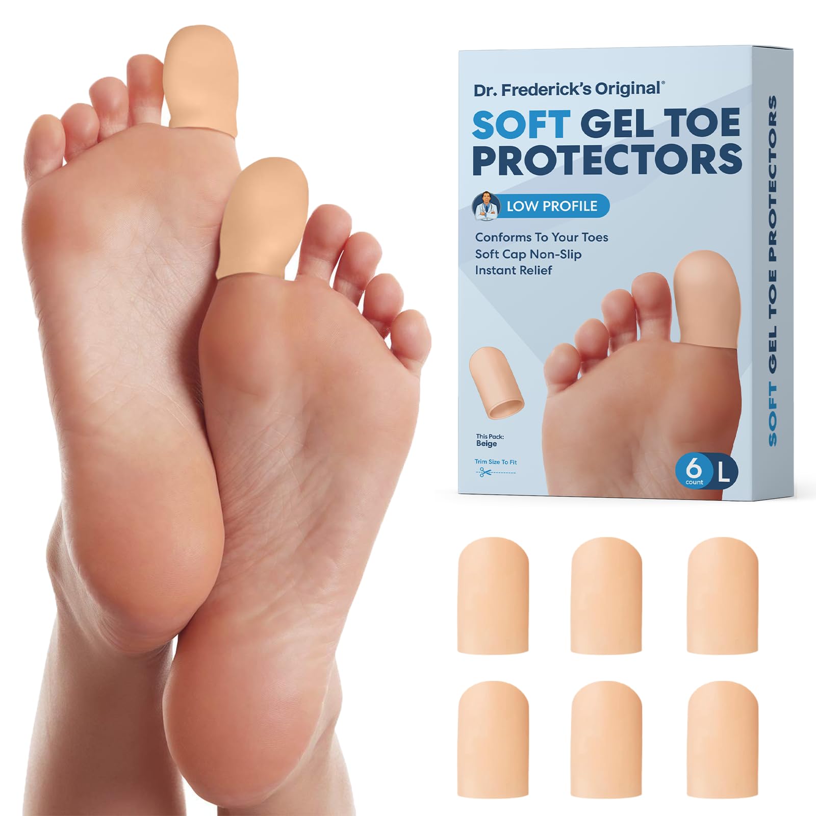 Dr. Frederick's OriginalDr. Frederick's Original Soft Gel Toe Protectors for Men & Women - 6 Pieces - Toe Caps for Foot Pain Relief - Toe Sleeves for Ingrown Toenails, Corns, Calluses, Blisters - Large - Beige