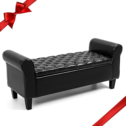 Miniatura 9 de ECOTOUGE Banco de almacenamiento armado, reposapiés tapizado de cuero con tapa con bisagras para el extremo de la cama del dormitorio, modelo