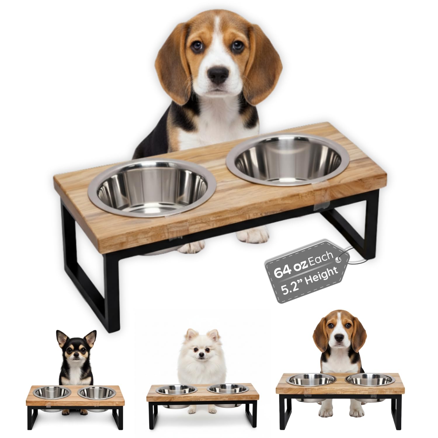 Soporte elevado de madera para perros con 2 cuencos de acero inoxidable para alimentos, plato de alimentación de agua de 4 pintas/2 cuartos de galón, comedero para mascotas para gatos y