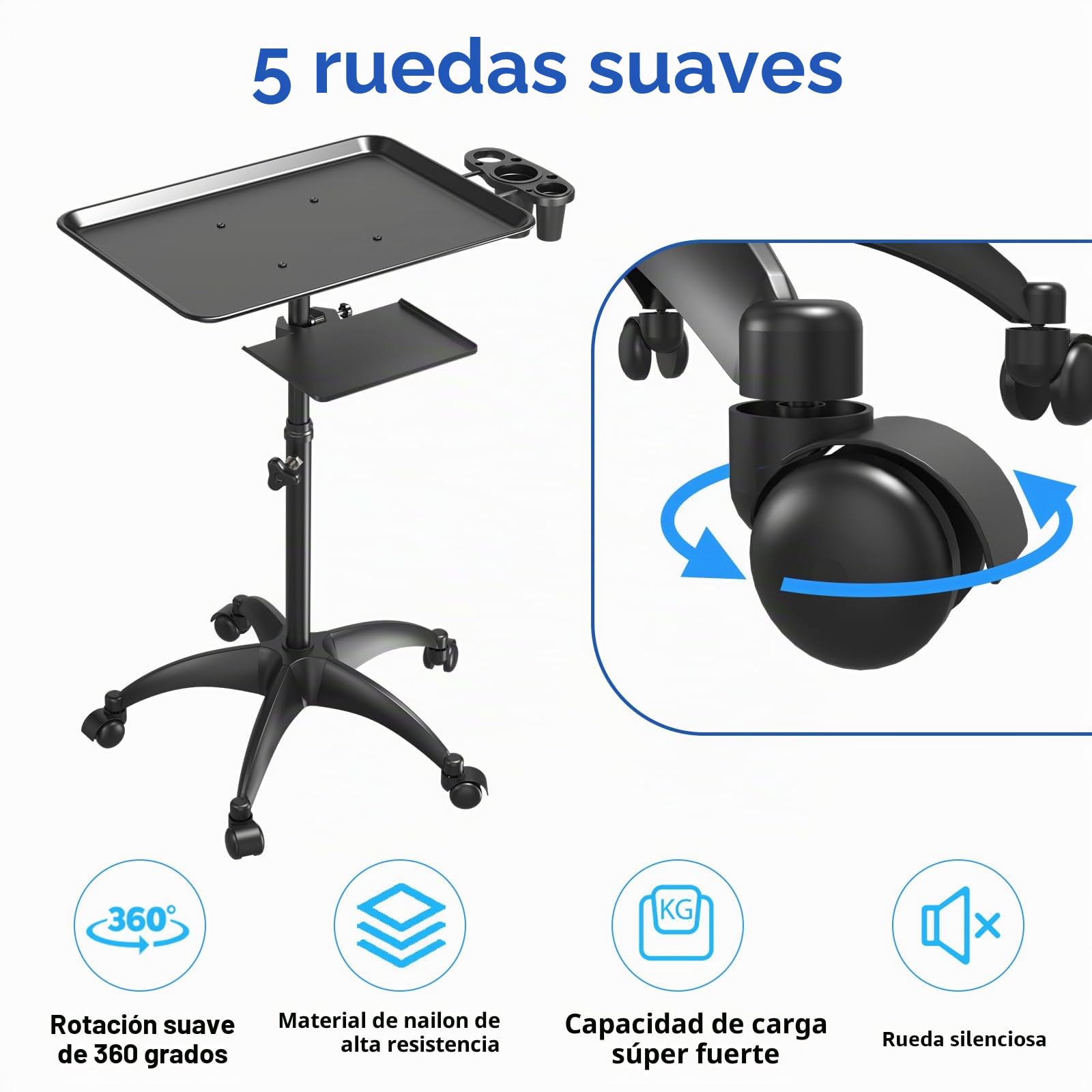Carrito de bandeja de salón con plataforma de almacenamiento, aluminio con ruedas, altura ajustable