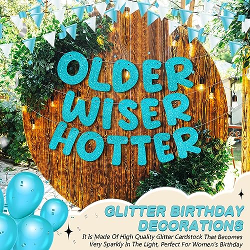 Image of Fulmoon Set of 3 Pre Strung Older Wiser Hotter Glitter Banner Funny Birthday Banner for Women 30th 40th 50th 60th 70th 80th Birthday Party Decorations Sign Gift(Blue)