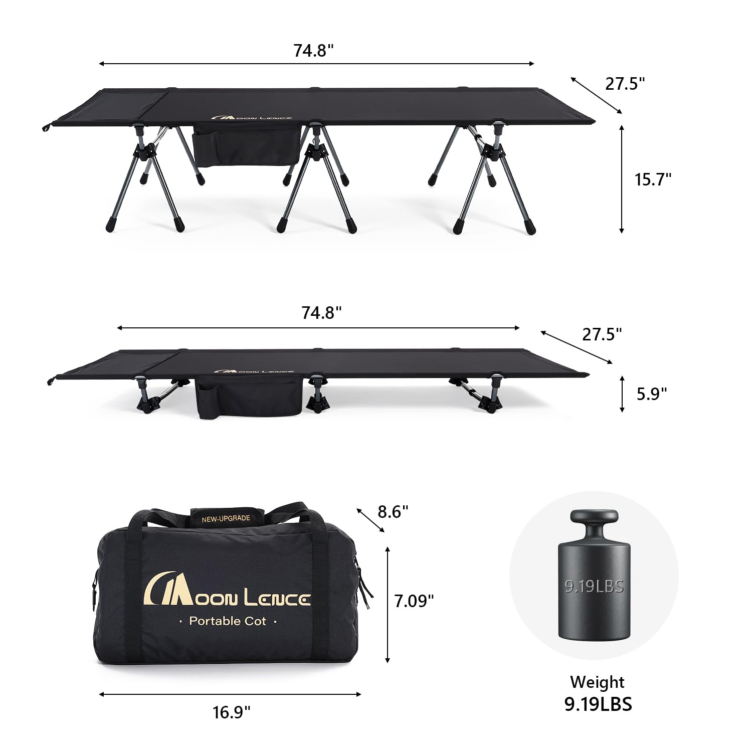 MOON LENCE Height Adjustable Camping Cot - Supports 330 lbs, Portable Folding Bed with Leg Extenders for Camping, Hiking, Travel, Black
