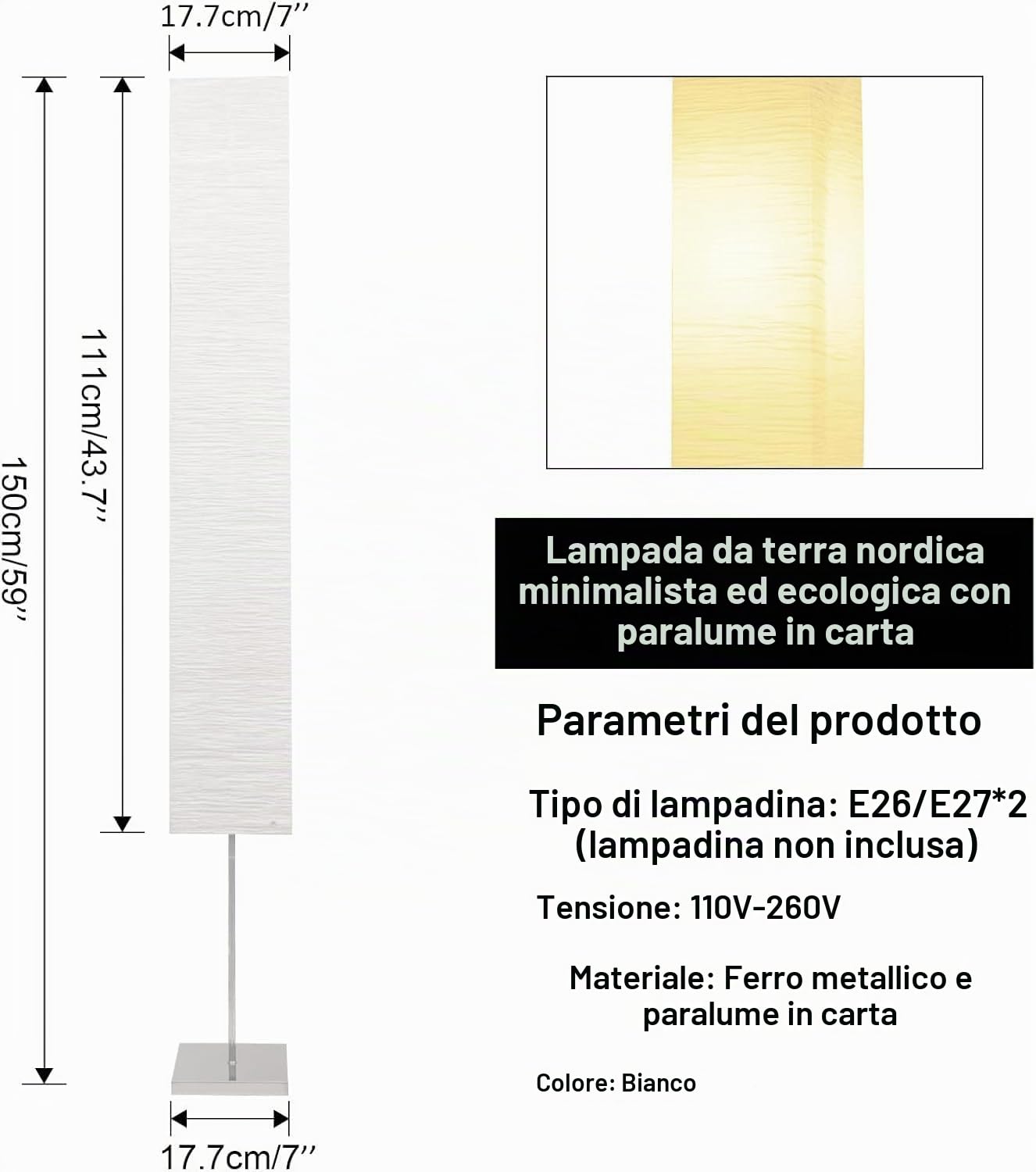 Lampada Carta di Riso, Bianco Quadrato Paralume Lampada da Terra, Paralume di Ricambio per Camera da Letto, Pulsante a Pedale, Altezza 150 cm(2 Pack)