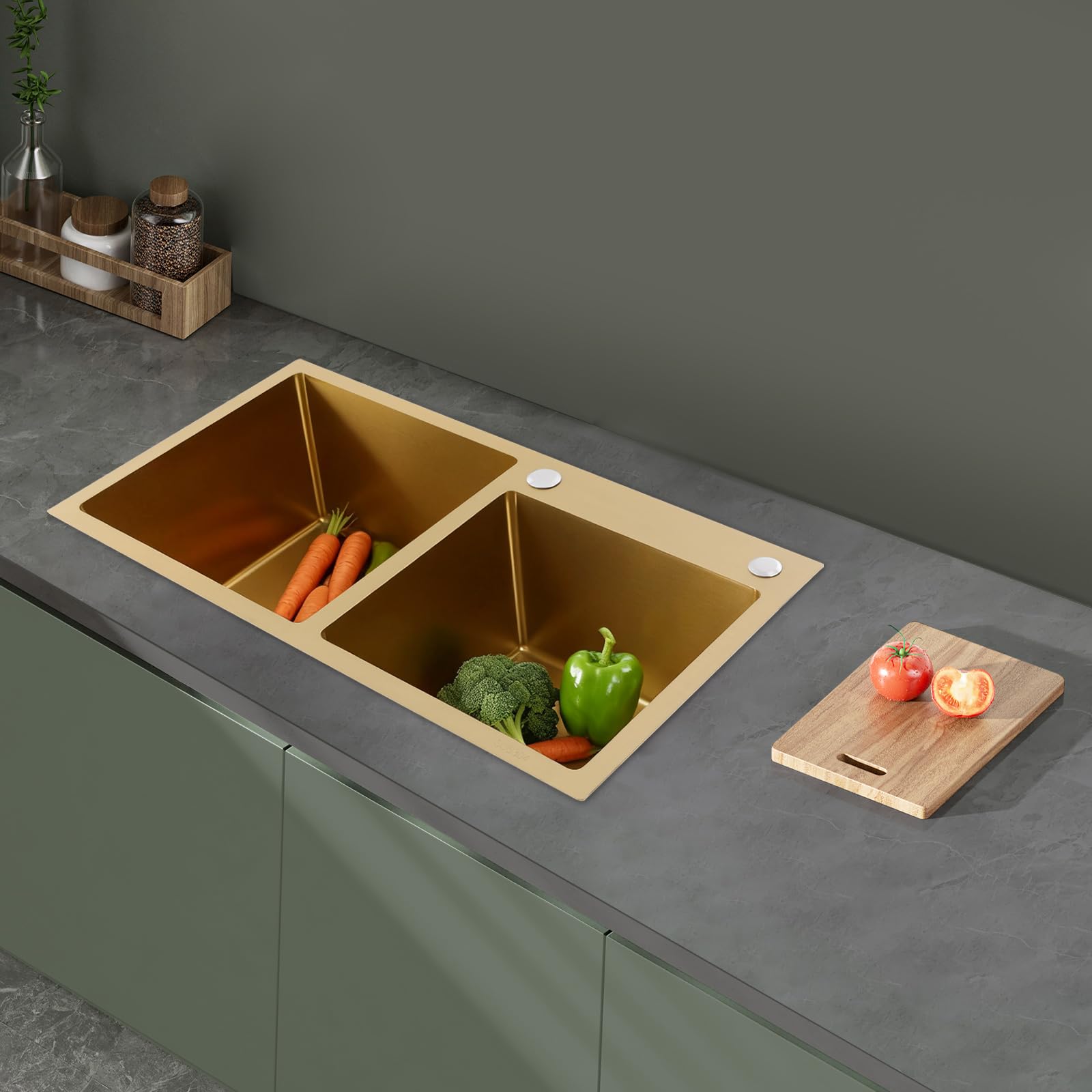 Évier de cuisine à 2 bacs en acier inoxydable 75 x 40 x 22 cm sans robinet pour cuisines, restaurants, magasins de desserts, cafés (doré)