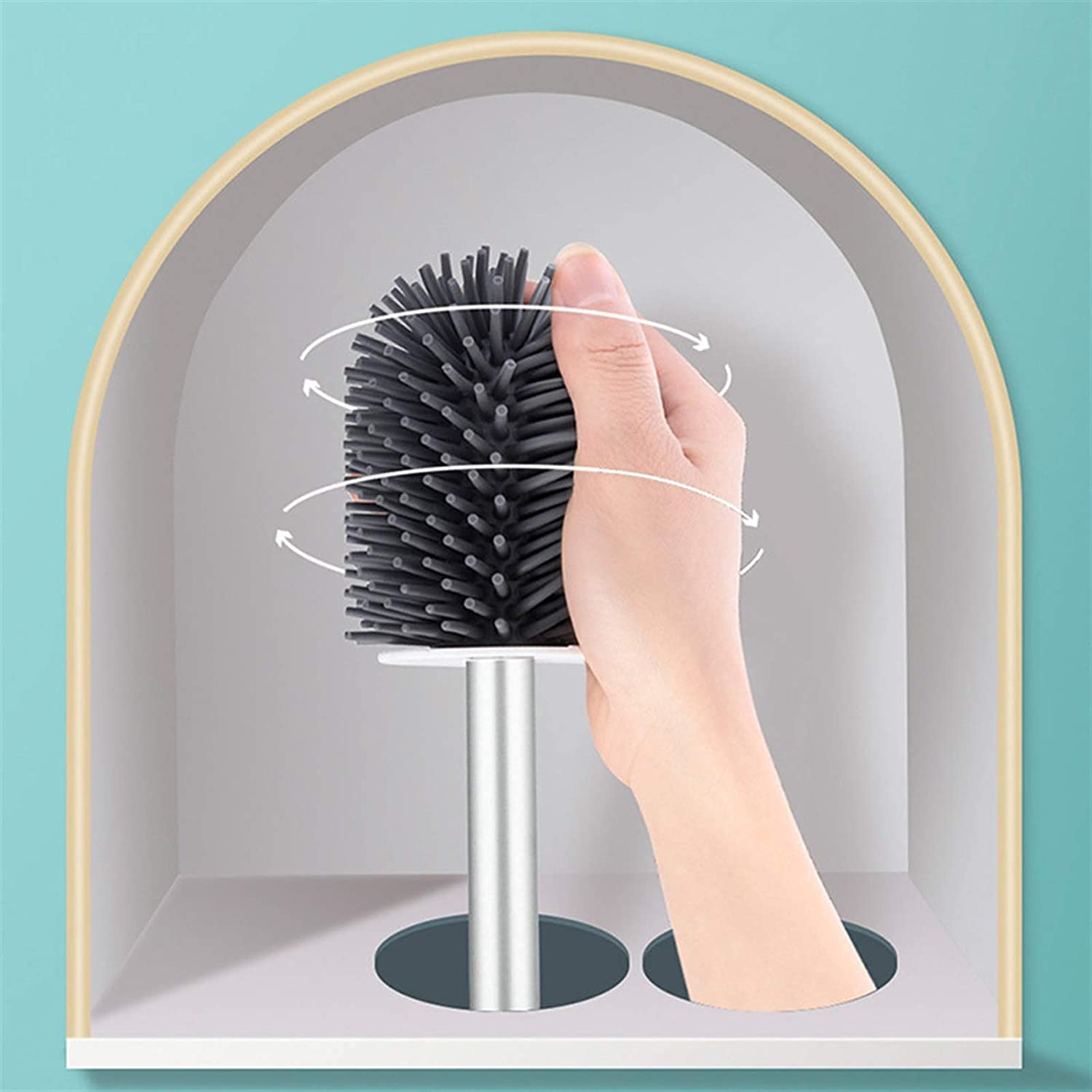 ESOUY Juego de escobilla de inodoro con cabeza de goma para uso doméstico, soporte largo para colgar en la pared, cepillo suave para la limpieza del suelo flexible de silicona herramienta para el baño