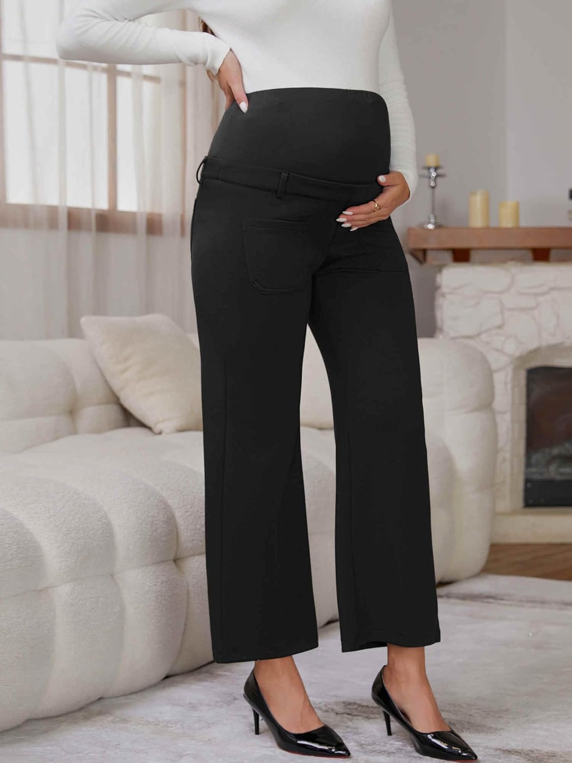Womens Work Maternity Pants Business Straight Leg Over The Belly Office Pregnancy Trousers with Pockets - Image 5