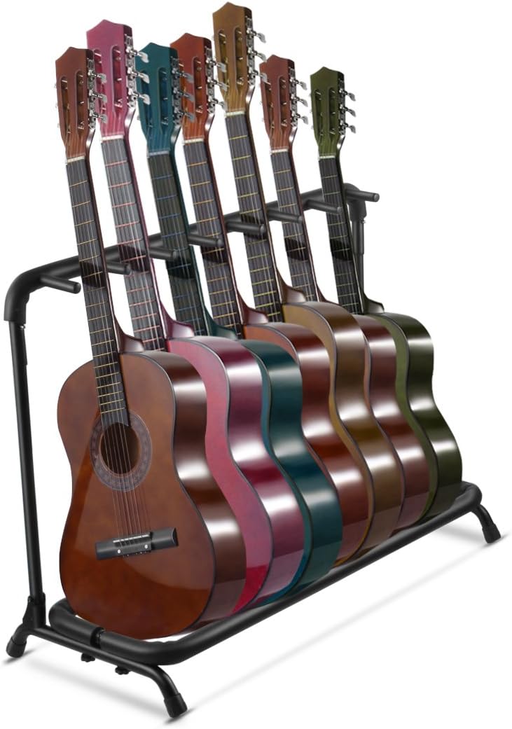 Flexzion Multi Guitar Stand Rack 7 Multiple Holder - Universal Instrument Display Stand, Folding Padded Storage Organizer, Band Stage Bass Slot for Electric Acoustic Guitars Music Instruments