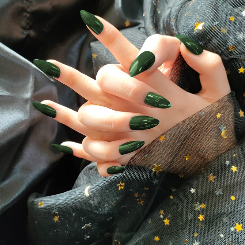Secret Lives® acrylic press on nails designer gloss green almond shape artifical nails extension 24 pieces set with glue sheet-image-40
