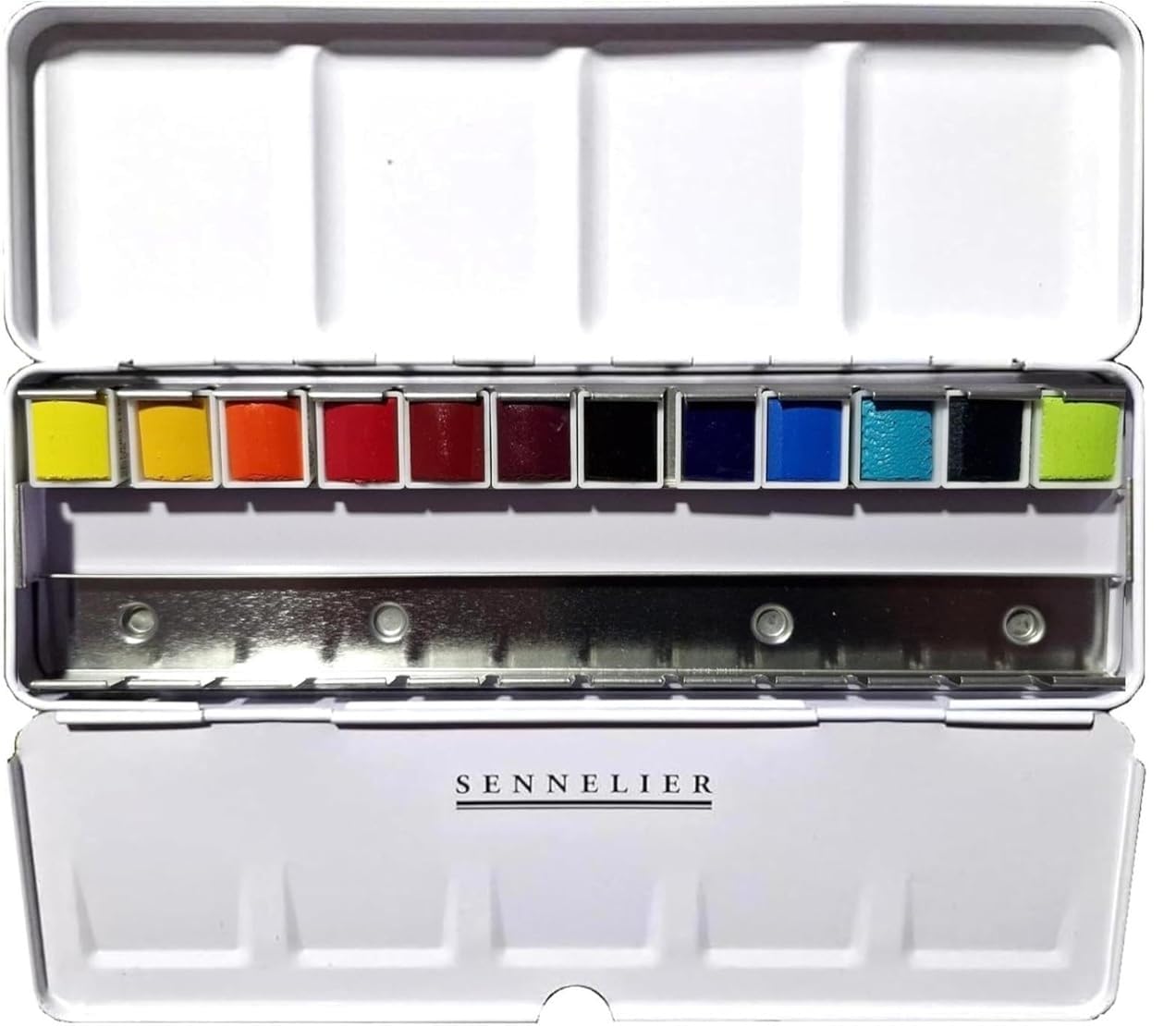 Sennelier Aquarelle Extra-Fines, sélection couleurs intenses - Paysage, 12 demi-godets Boîte en métal et 1 carte