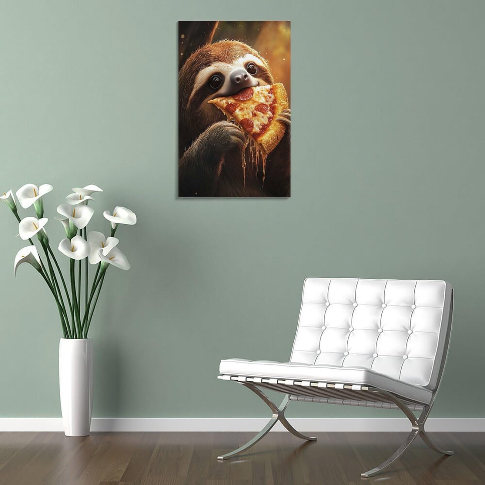 POLIUAWS Sloth Eating Pepperoni Salami Pizza Wall Art - Leinwand Wandbild Poster Modern Dekorationen Für Das Wohnzimmer,Büro,Küche,Schlafzimmer 20x30inch(50x75cm)