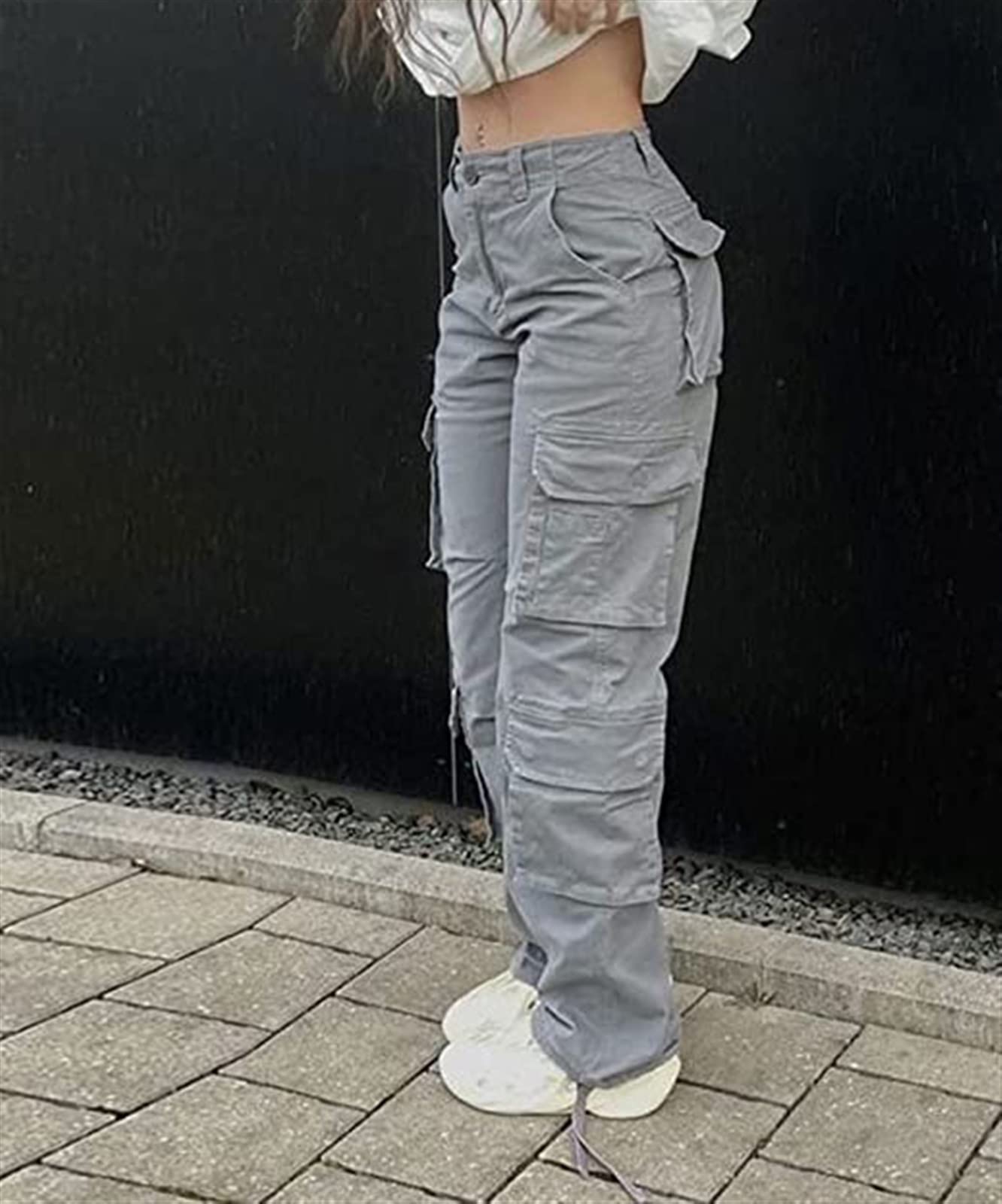 Damen Mädchen Cargohose Y2K Baggy Hohe Taille Cargo Hose Gerade Weites Bein Baggy Jeans Y2K Gothic Denim Hose Streetwear mit Taschen