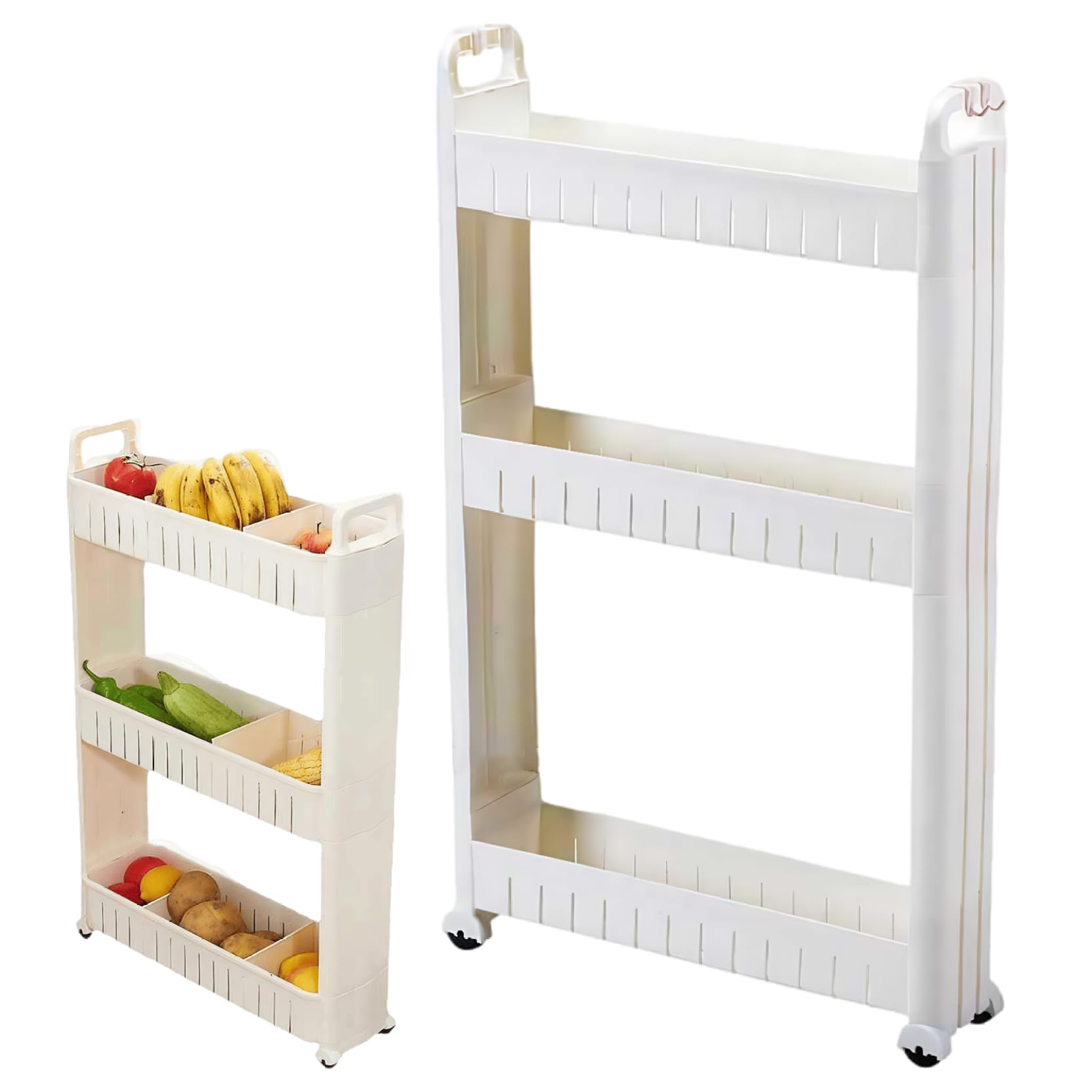 Carrito utilitario delgado de 3 niveles con ruedas, carrito de almacenamiento estrecho con ganchos y divisiones, estantes de plástico para cocina, baño, oficina, lavandería, 29 x 18 x 4 pulgadas
