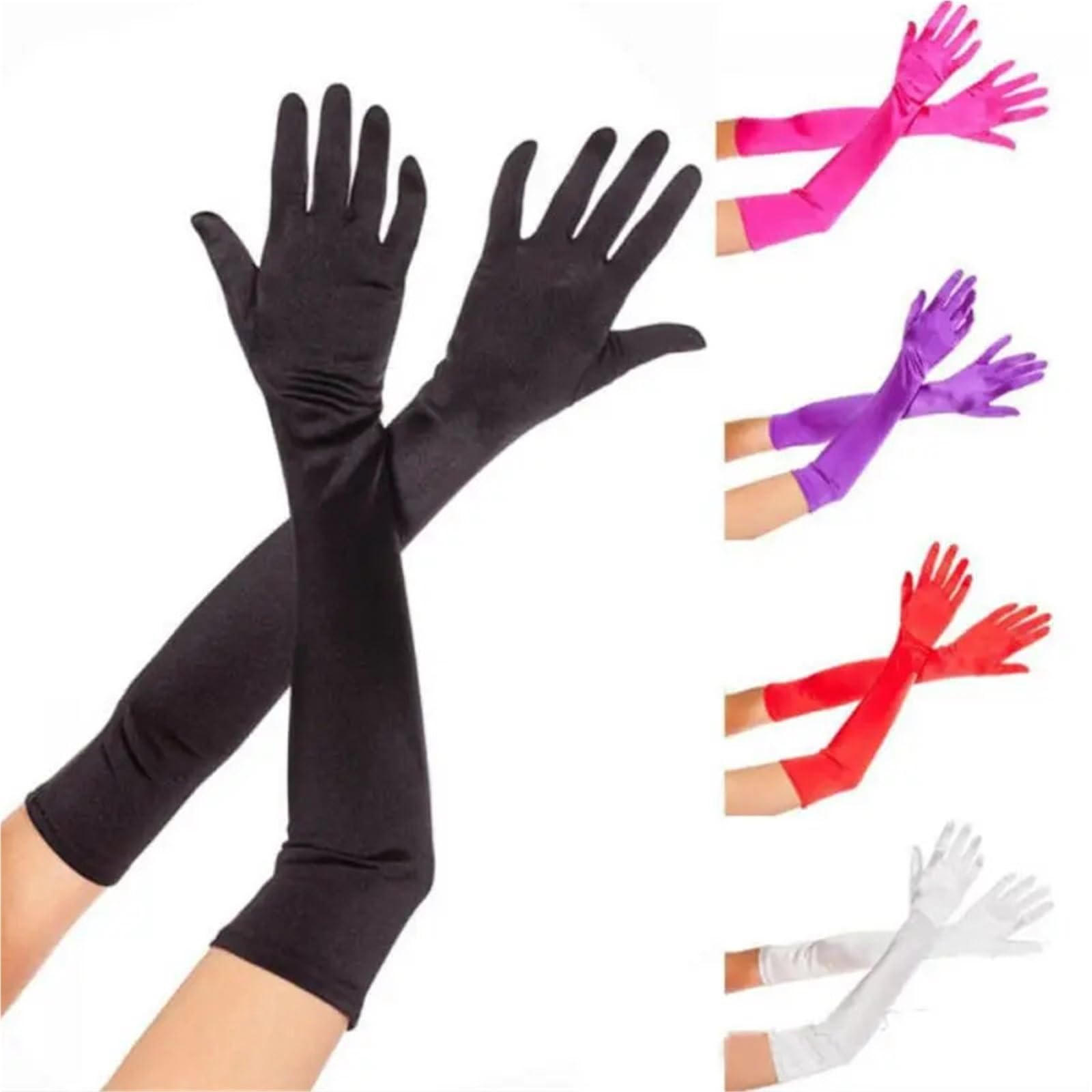 2 paia di guanti formali da sera for feste donna, ballo for, in raso, tinta unita, con dita lunghe, for eventi Per Feste E Balli