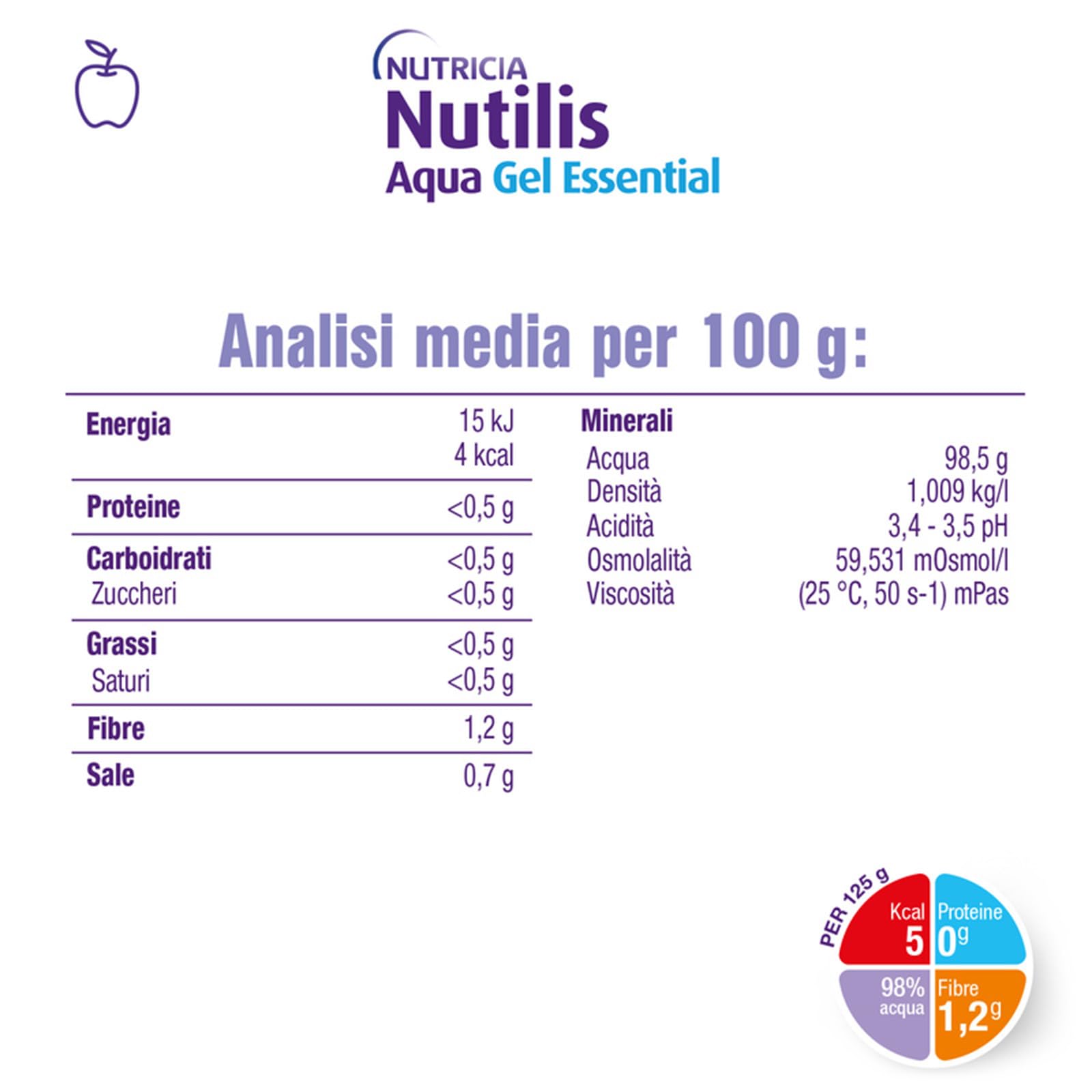 NUTILIS AQUA GEL ESSENTIAL - Acqua Gelificata per la Gestione Dietetica della Disfagia, Senza Zucchero, Glutine e Lattosio, Alimento a Fini Medici Speciali, Gusto Mela - 4 x 125g (Confezione da 4)