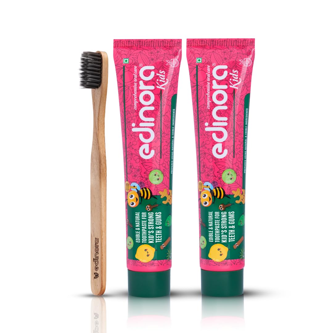 Edinora Kids Natural Herbal Toothpaste 90g for Children | Oty 2 | Fluoride Free | Neemwood soft bristles toothbrush | Qty 1 | Combo Pack (B0CYZJYP4W) Amazon Price History, Amazon Price Tracker
