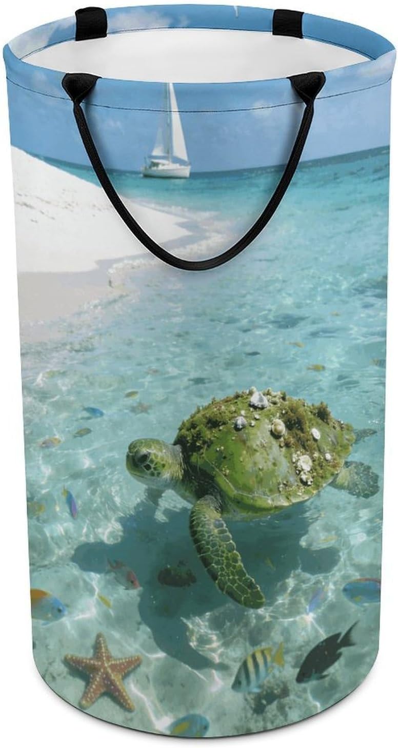 The Fun of Turtles on The Shallow Beach Laundry Hamper with Handles Waterproof Collapsible Laundry Basket Large Lightweight Round Dirty Clothes Hamper for Home Dorm Bathroom Decor