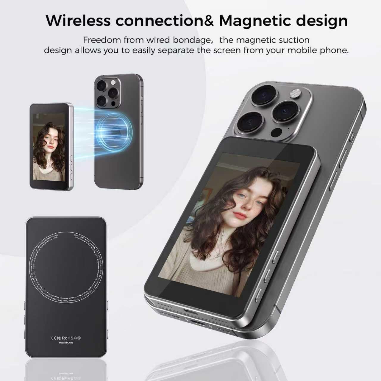 Vlog Selfie Monitor Schermo, Monitor Magnetico Telefono 4K 60fps con Telecomando Bluetooth, Monitor Fotocamera Posteriore per Live Stream TikTok, Compatibile con iPhone e Android