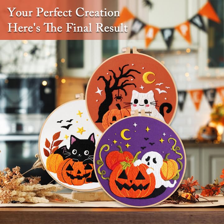 Image of Nuberlic Halloween Embroidery Kits - 3 Pack Easy Embroidery kit for Adults Beginners Starter Cross Stitch Kit DIY Needlepoint with Pre-Printed Fabric, Hoop, Thread, Needles & Step-by-Step Guide