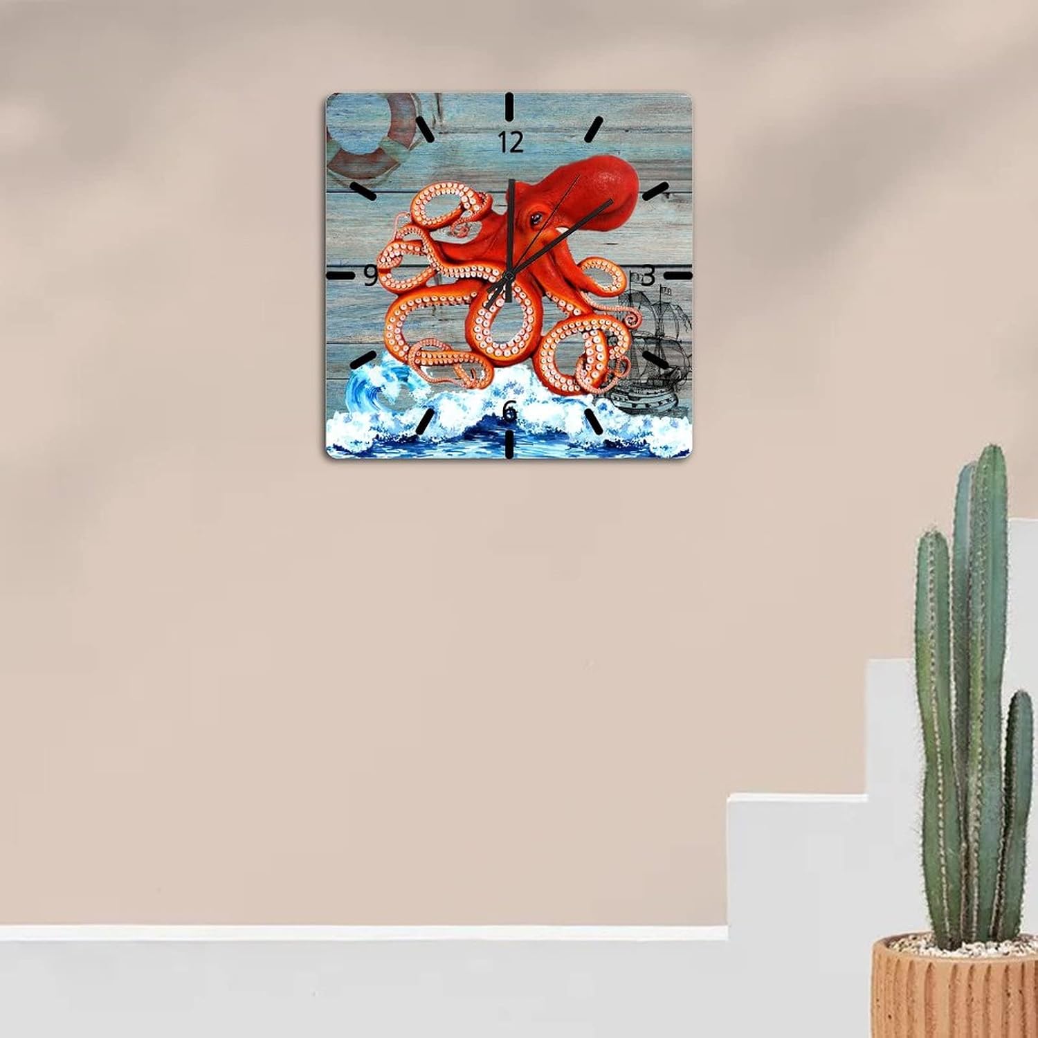 Vintage Octopus Wall Clock Blue Wood Grain Wooden Clock 12in Sea Creatures Clock Silent Non Ticking Battery Operated Popular Wall Decor Summer Beach House Decor for Shelf Bathroom Homeschool Pub image 3