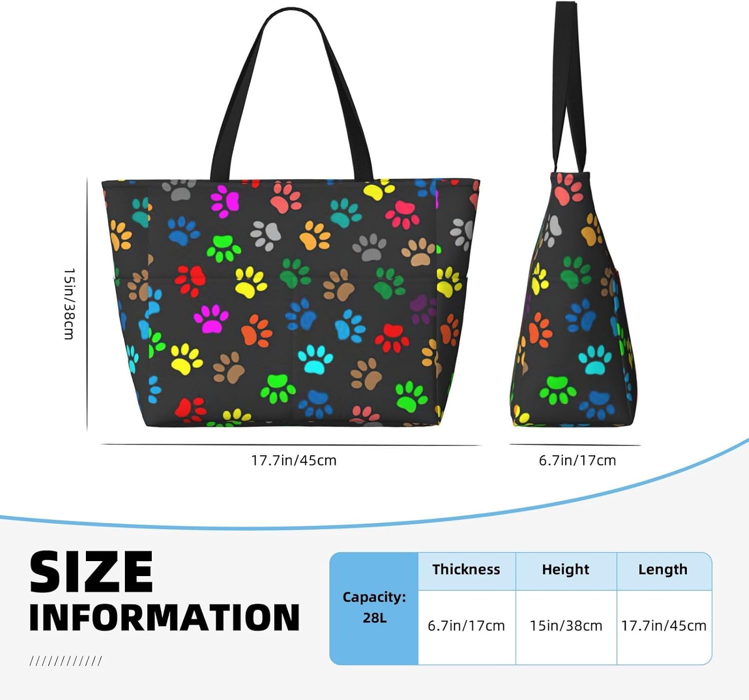 Colorful Dog Paw Print Black Print Large Capacity Beach Travel Bags with Zipper and Pockets for Travel Vacation Fitness