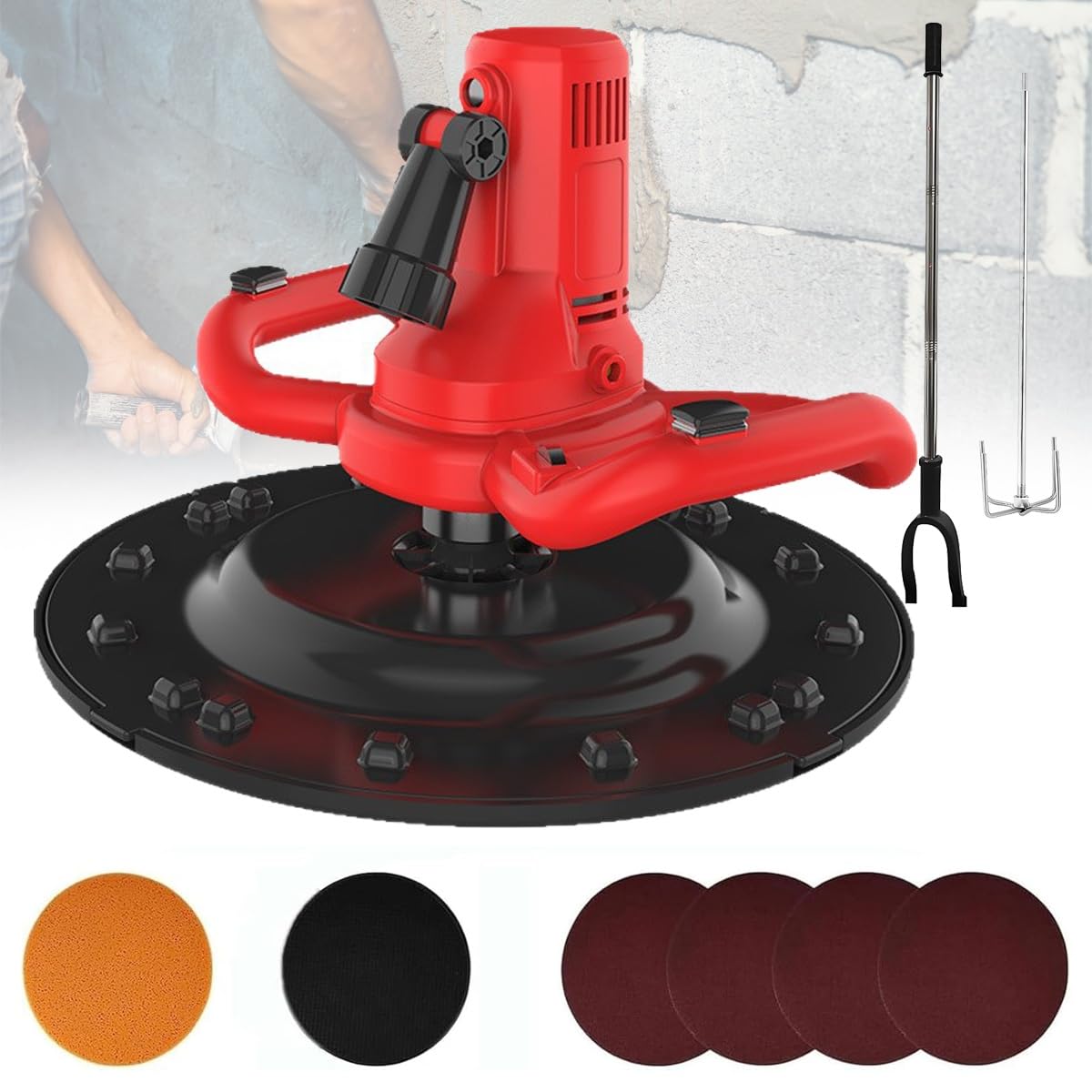 Dtweff Red Electric Wall Cement Smoothing Machine 1680W, 80-200Rpm Electric Plaster Mortar Cement Putty Trowel With Led And Mixing Rod Full Copper Body For Smoothing And Polishing Walls(Red)