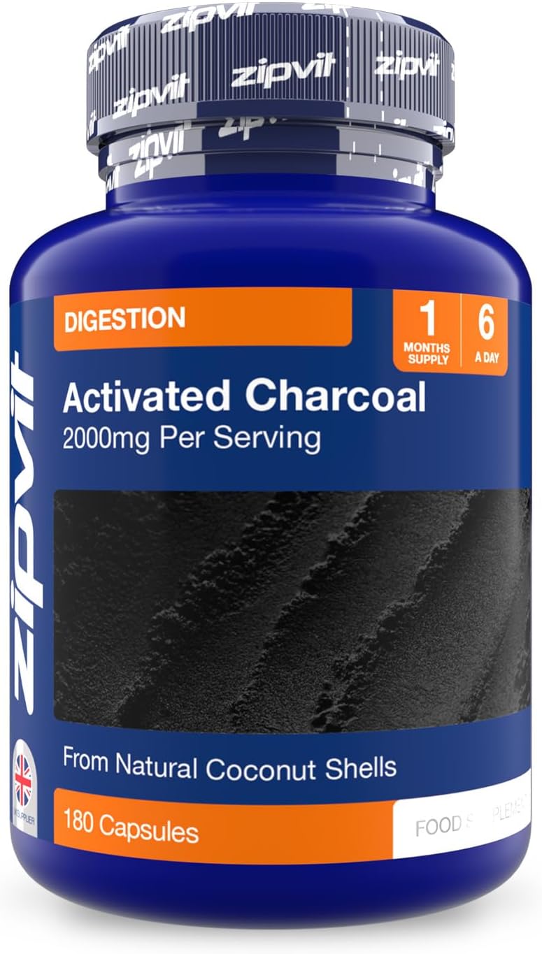 Zipvit Activated Charcoal Capsules 2000mg, Charcoal Tablets Alternative, Digestion Support Supplement, Helps Reduce Excessive Flatulence After Eating, 180 Capsules
