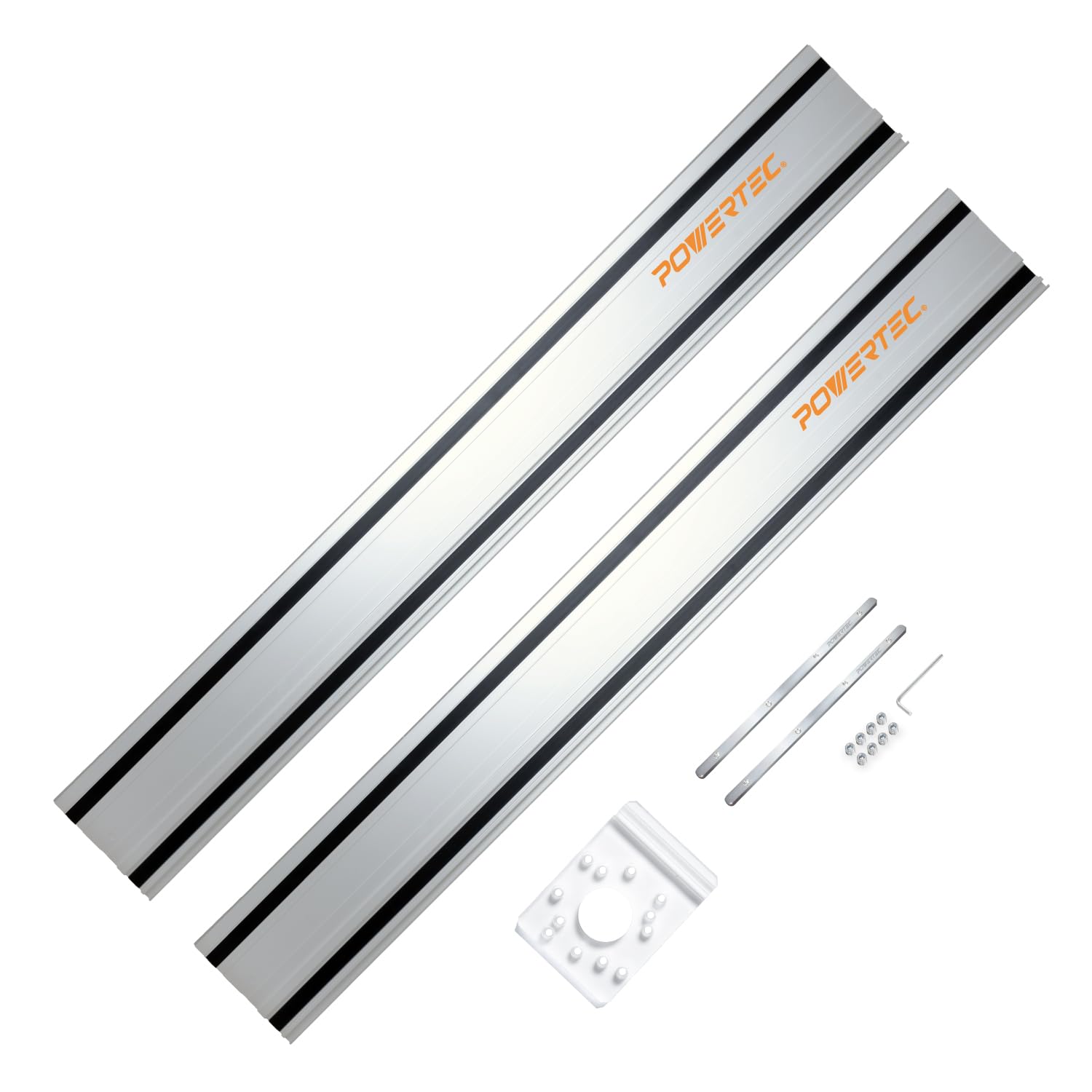 POWERTEC 72210 110" Track Saw Guide Rail Joining Set for Milwaukee Track Saws Includes 2x55 Guide Rails with Connectors, and Guide Rail Adapter for Fixed Base DeWalt, Makita &amp; Milwaukee Trim Routers