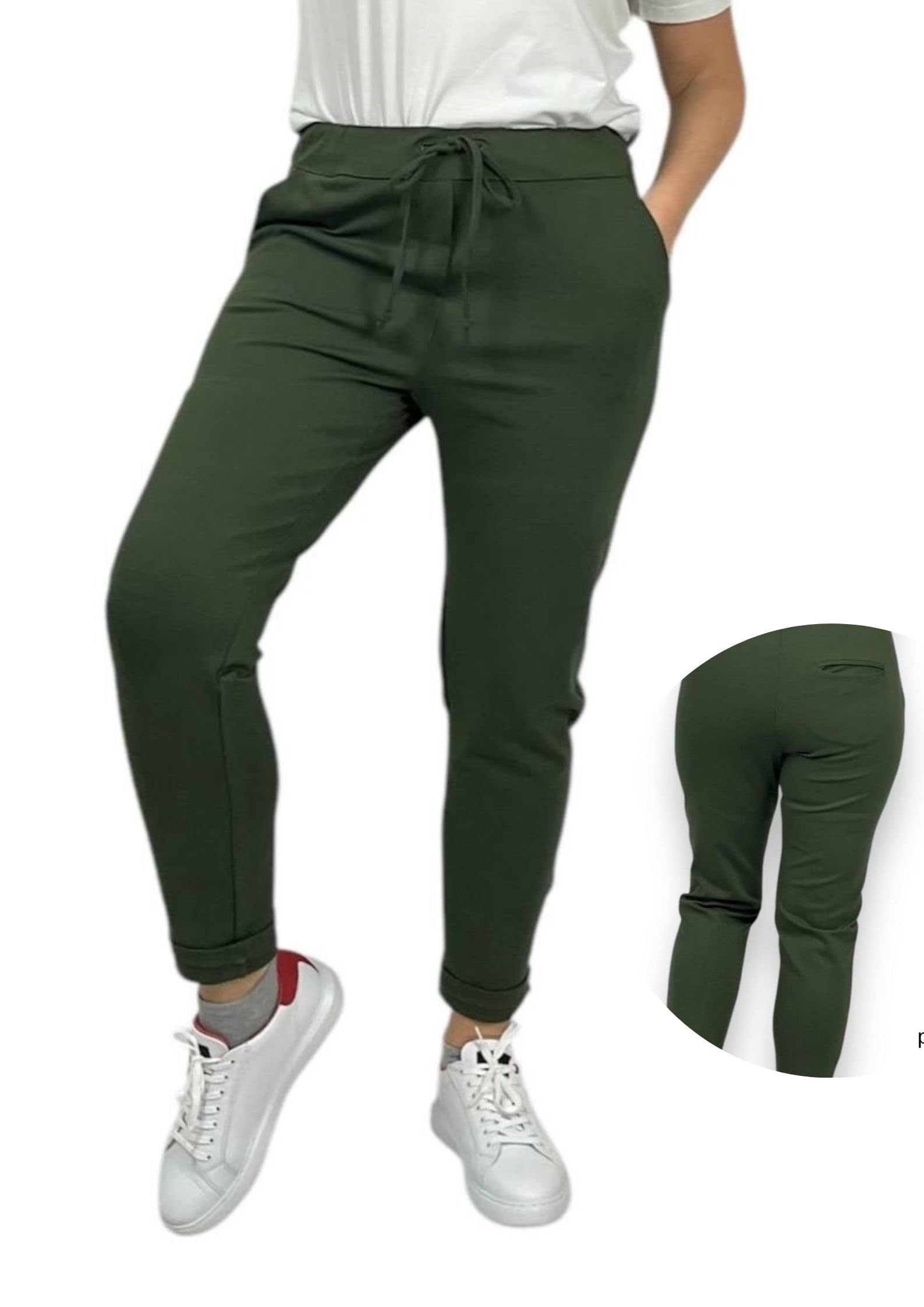 Pantalon Femme Taille Haute Élastique - Chino Cigarette Confortable Grande Taille Legging Élégant Curvy Élastique à la Taille Joggers Doux Viscose, vert militaire, XL