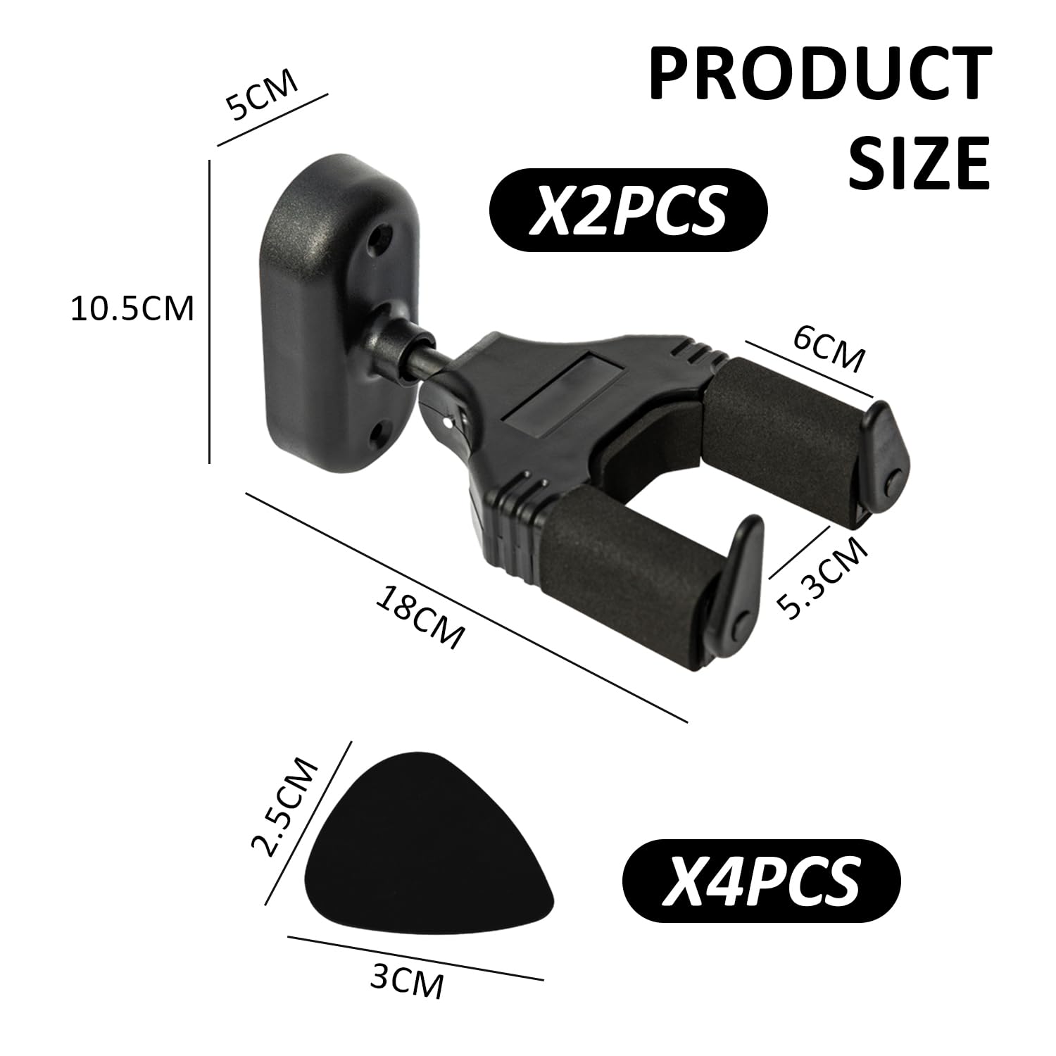 Supporto Parete Per Chitarra X2 Con 4 Plettri | Porta Chitarra Da Muro Per Acustica, Elettrica E Basso