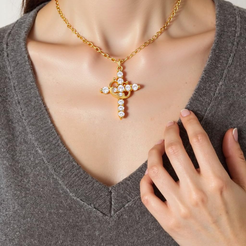 Cross Crown Necklace for Women: Cubic Zirconia 14K Gold/Silver Plated Cross Necklace Baptism Christian Gifts for Women - Image 6