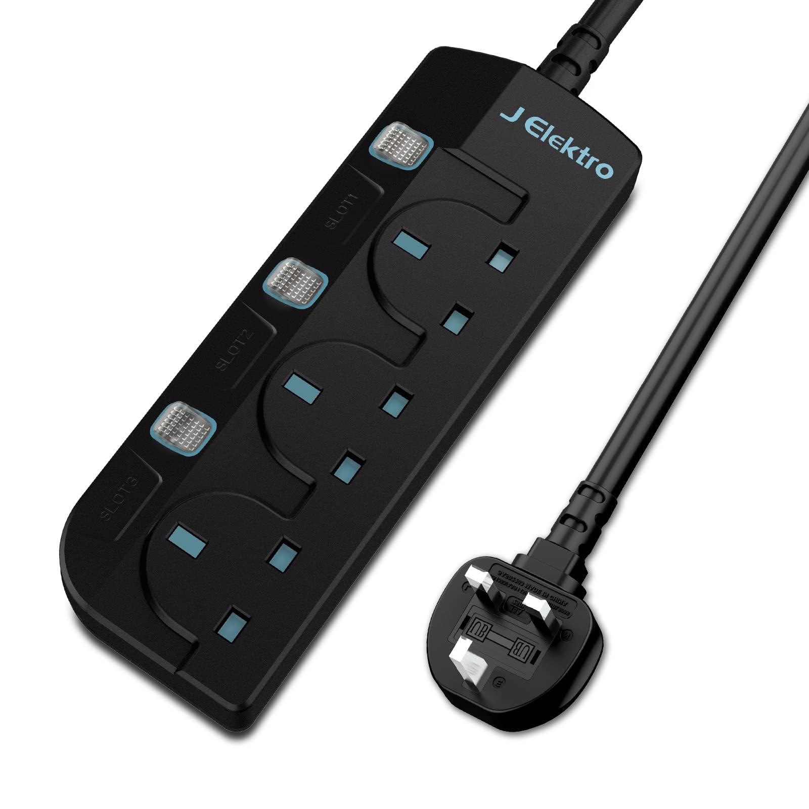 3 Gang Extension Cord, J Elektro Power Strip 3 Meters Extension Lead with Individual Switch, Multi Plug Overload Protection Socket 13 amp Fuse UK Plug for Home and Office-Black