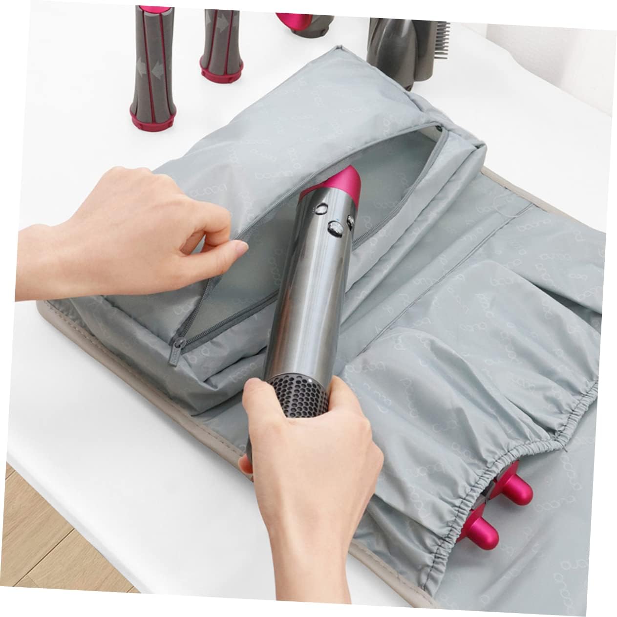 Hair Curler Storage Case Multi-functional Travel Organizer Bag for Curling Iron Hot Air Brush and Hair Dryer Grey Leather Design for Travel and Business Trips image 2