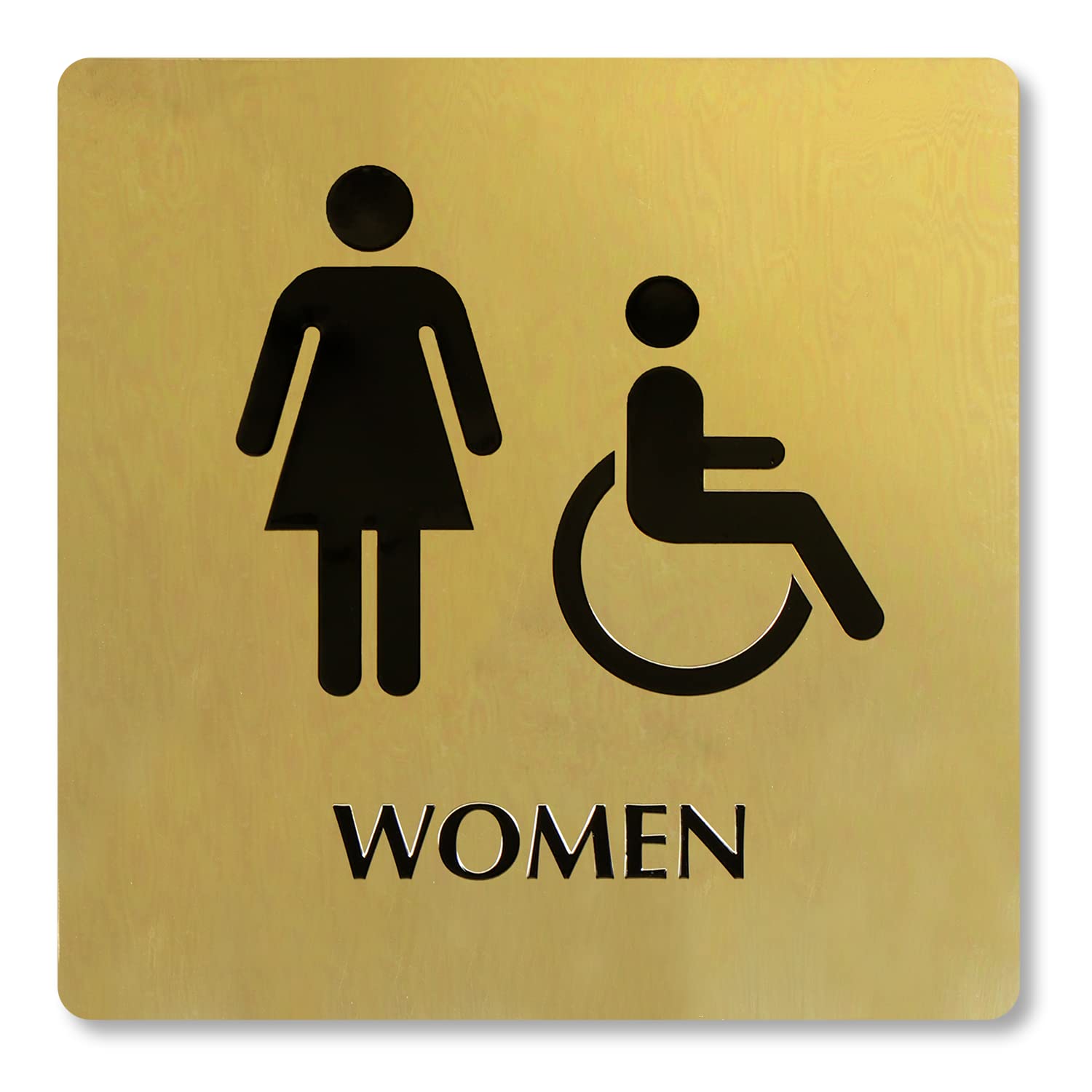 SmartSign 9 x 9 inch Womens Restroom Sign with Women / Handicap Accessible Wheelchair Pictograms, 40 mil Brass Metal, Engraved, Door / Wall Mount Bathroom Sign, Gold and Black