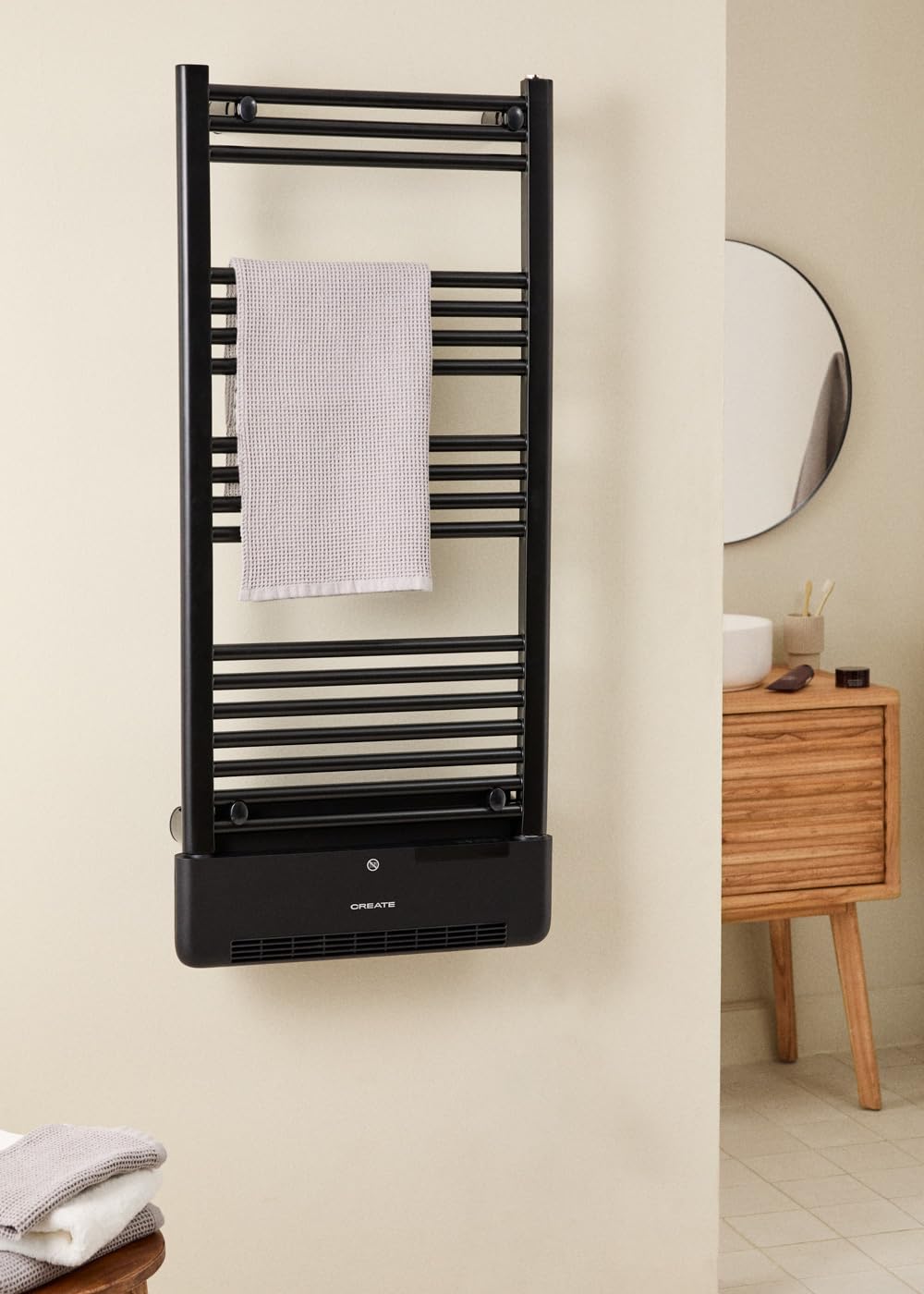 CREATE / Warm Towel Advance/Radiateur sèche-Serviettes électrique avec Chauffage et WiFi, Noir / 51,5x11x115,5 cm/Contrôle par Application, Affichage LDC, 2 puissances, Technologie PTC, 1000W