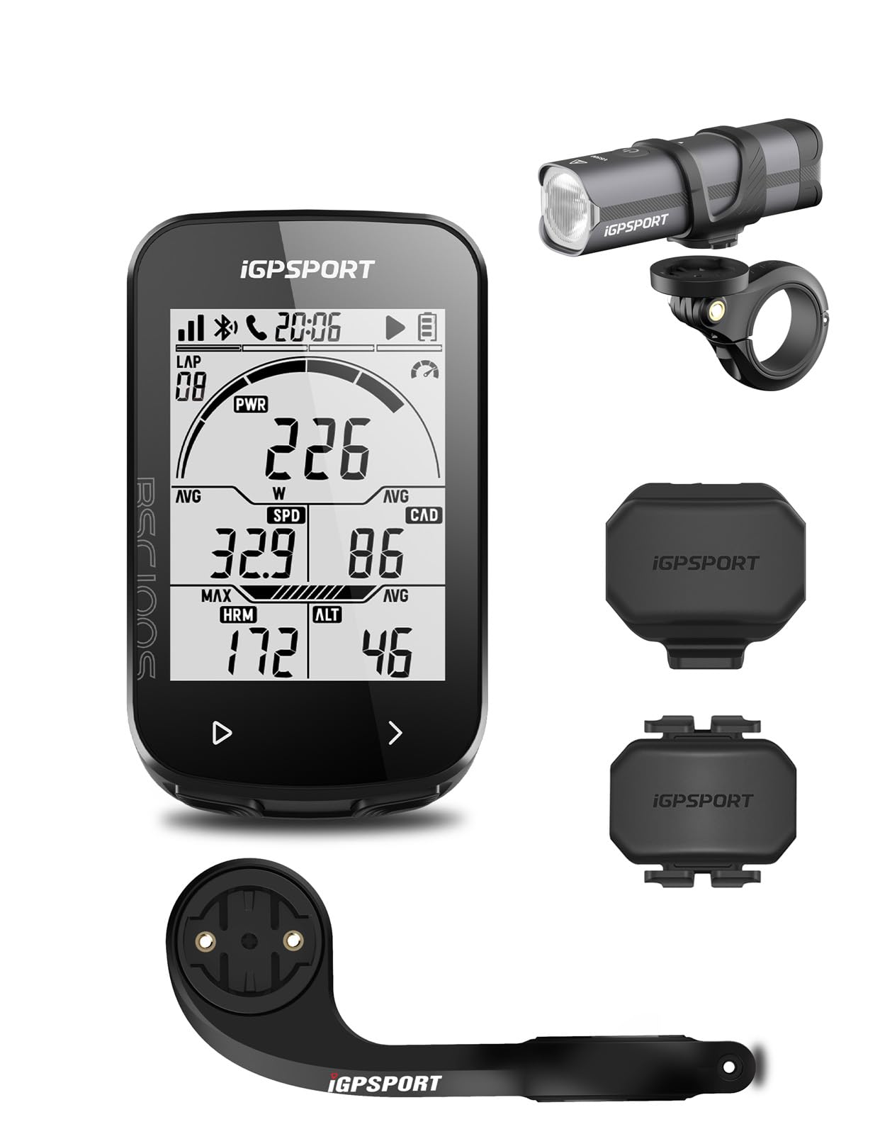 iGPSPORT BSC100S Compteur Velo sans Fil et 500 Lumens Lumiere Velo Intelligente et CAD70 Capteur de Cadence+SPD70 Capteur de Vitesse et M80 Support de Vélo