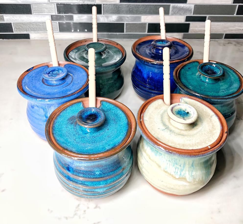 Handmade Ceramic Honey Jar with Dipper, Glazed Sugar Dish Pottery Container, Kitchen Counter Storage, Christmas Gift for Home Cooks (Emerald Green, Dipper for honey)