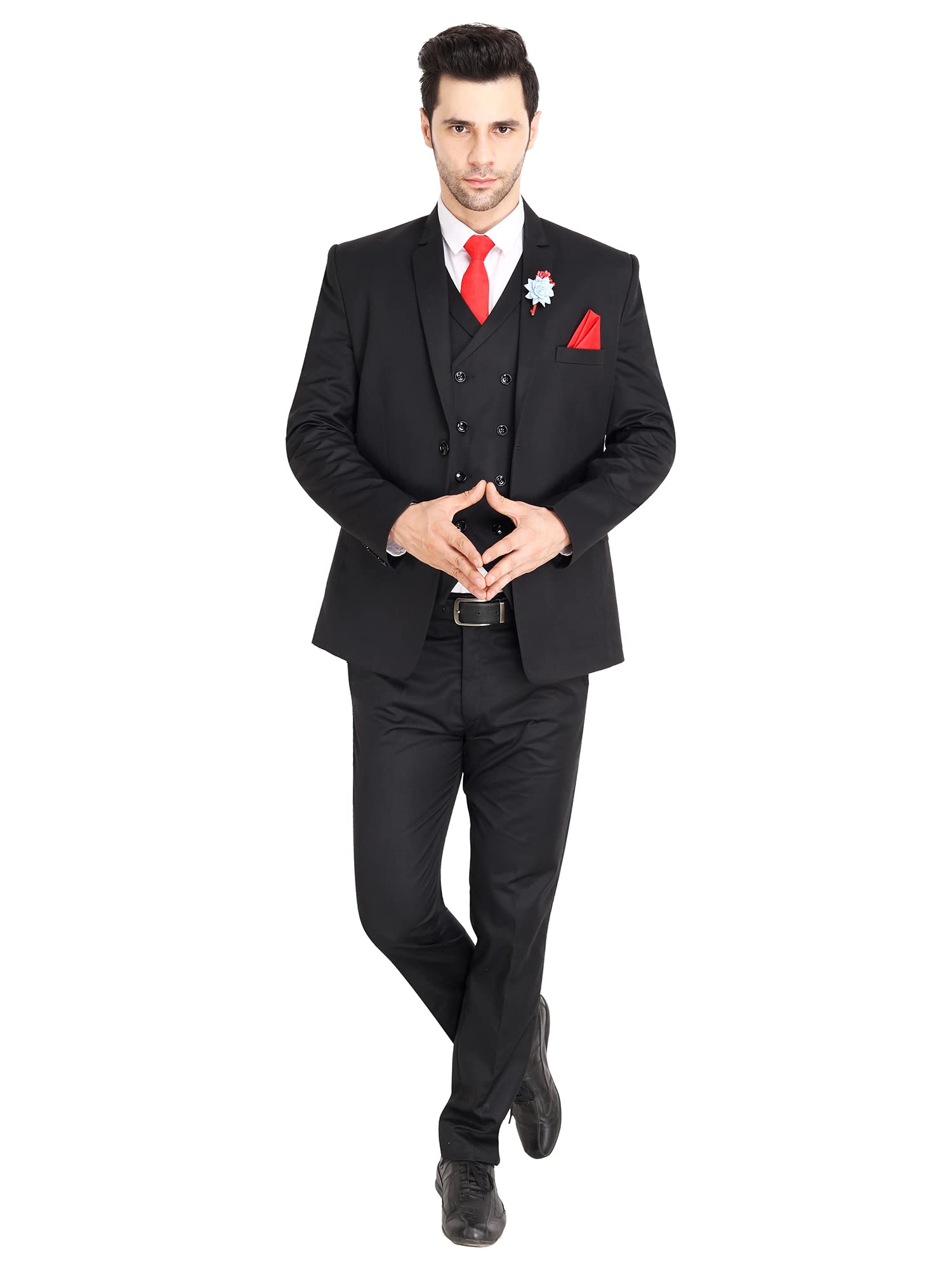 VYOM Enterprise Men's Slim Fit Tuxedo 3 Pieces Suit Set Notch Lapel Suit with Double Breasted Waistcoat Crocodile (34, Black)-picture-23