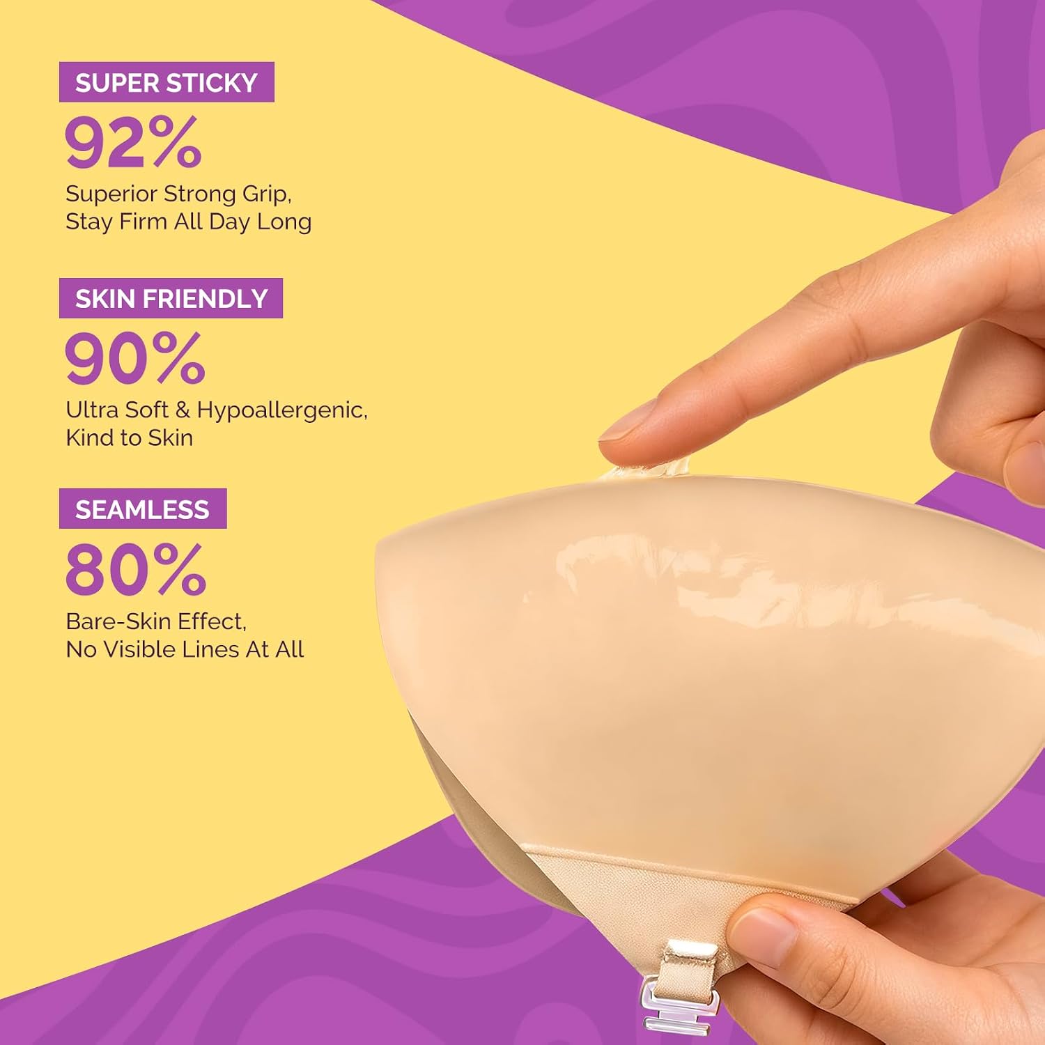 Invisible Sticky Bra Push Up, Reusable Adhesive Bra for Backless Dress Bridal Accessories, Seamless Silicone Nipple Covers for Women (B Cup, Beige, 2PCS)